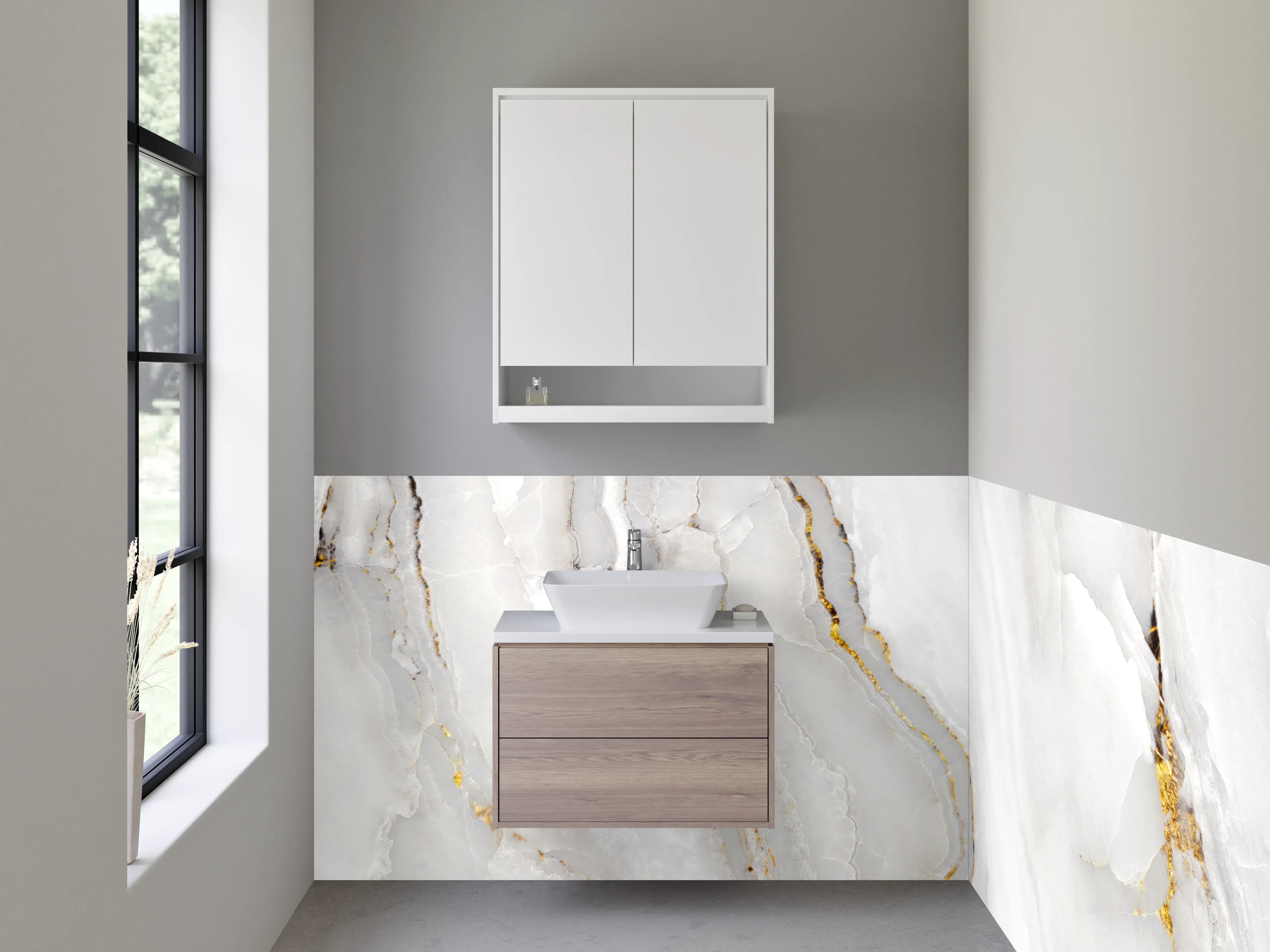 Waschbecken-Rückwand - Eleganter weiß-grauer Marmor mit Gold