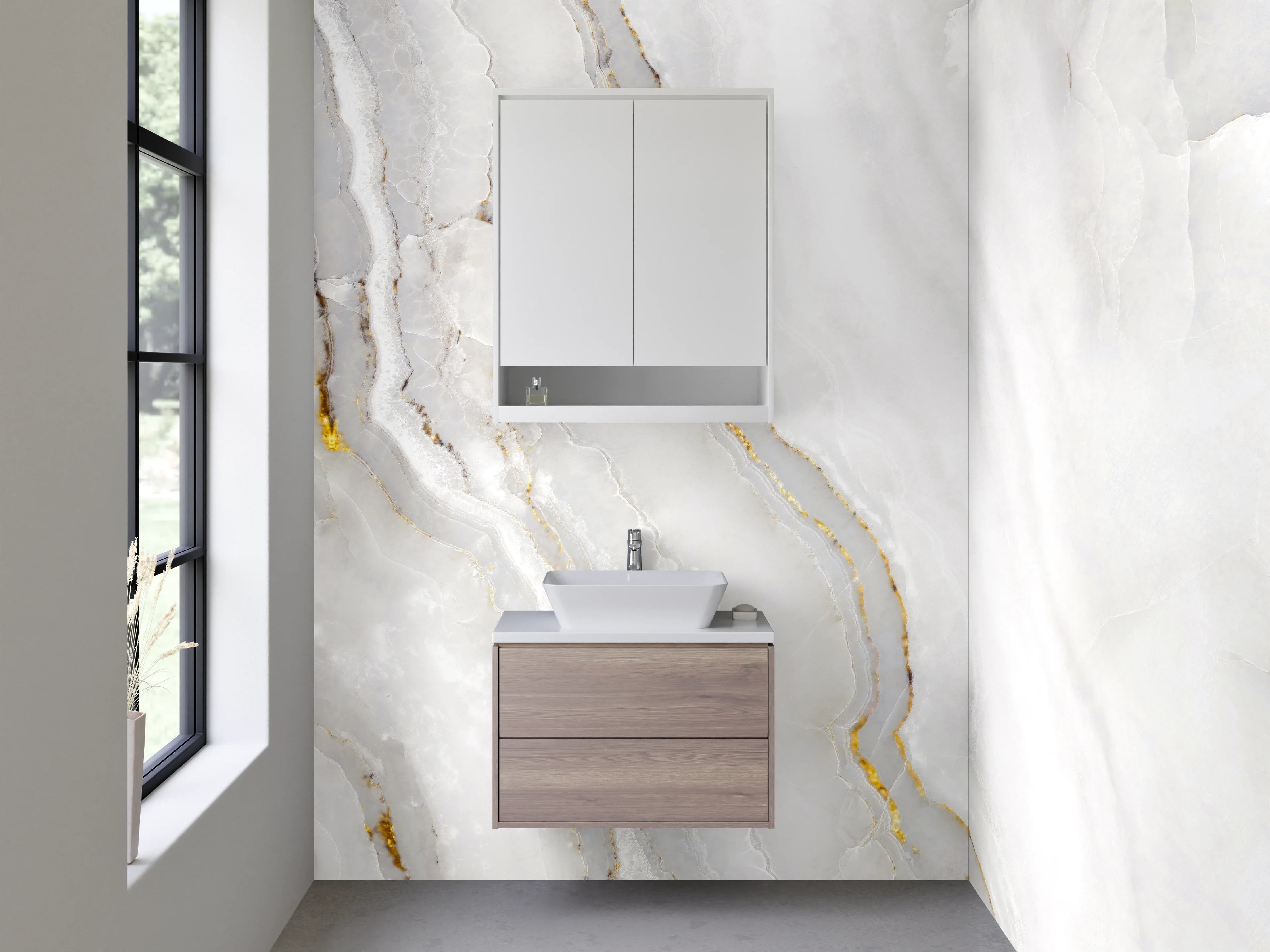 Waschbecken-Rückwand - Eleganter weiß-grauer Marmor mit Gold