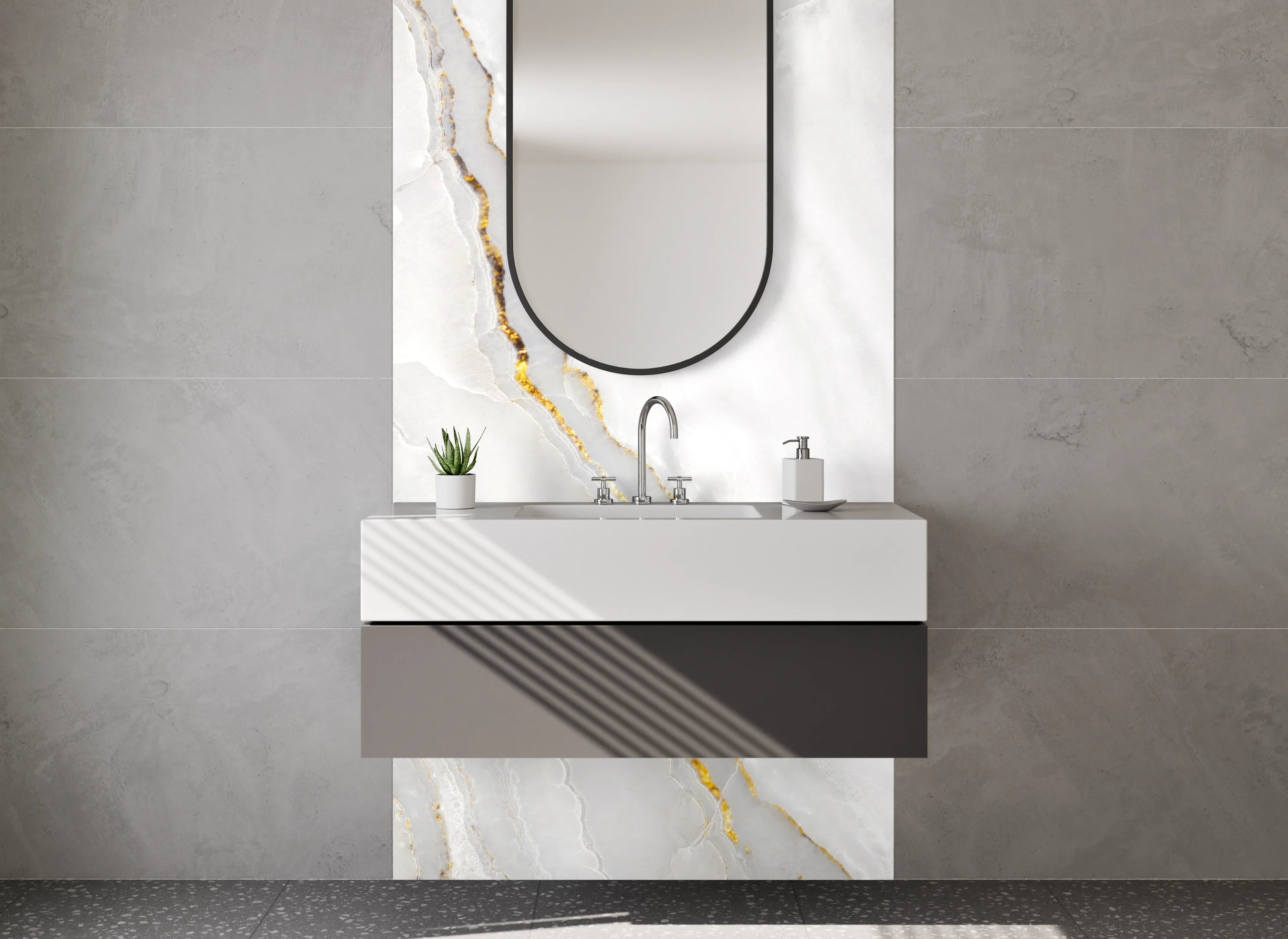 Waschbecken-Rückwand - Eleganter weiß-grauer Marmor mit Gold