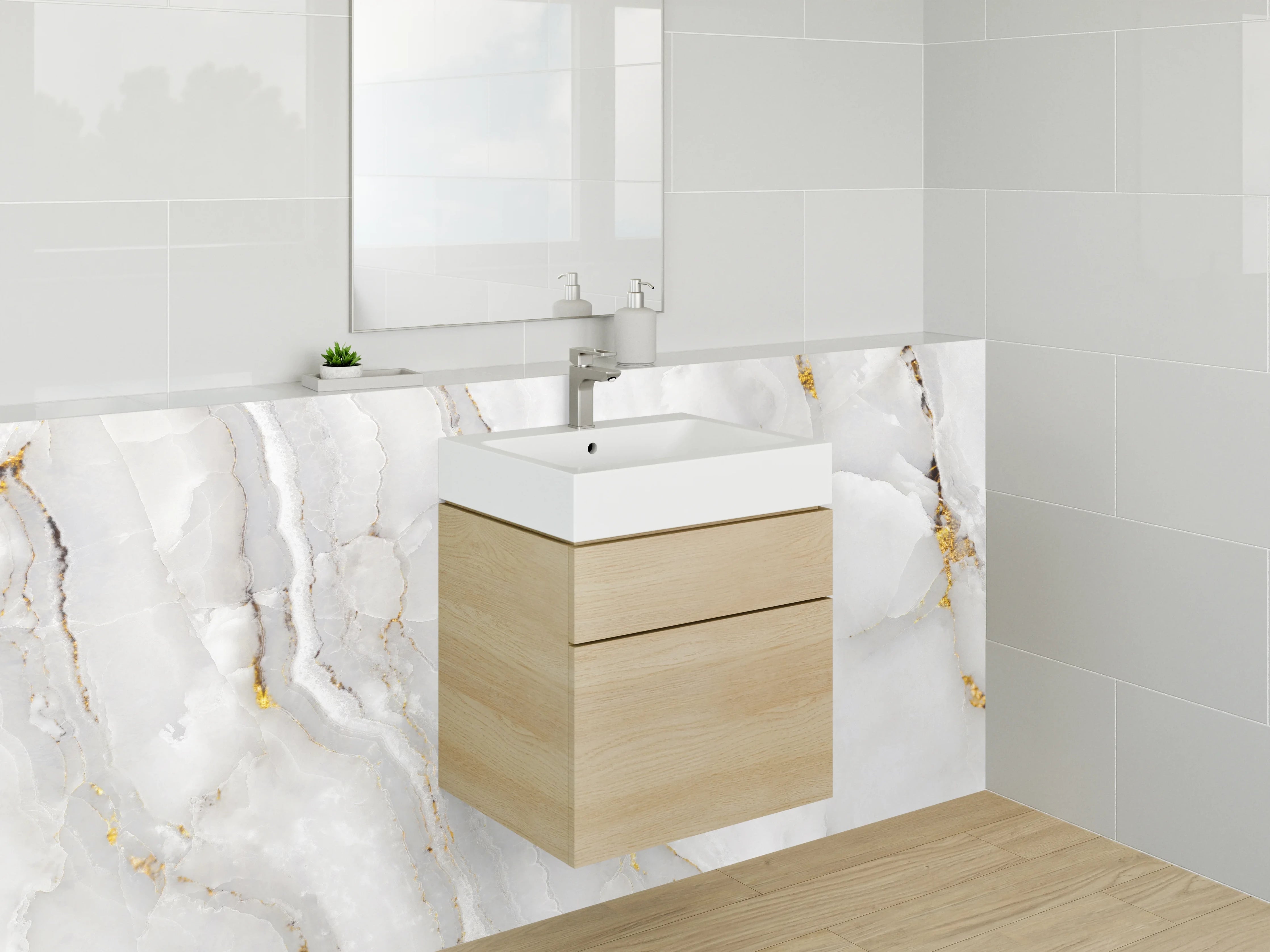 Waschbecken-Rückwand - Eleganter weiß-grauer Marmor mit Gold