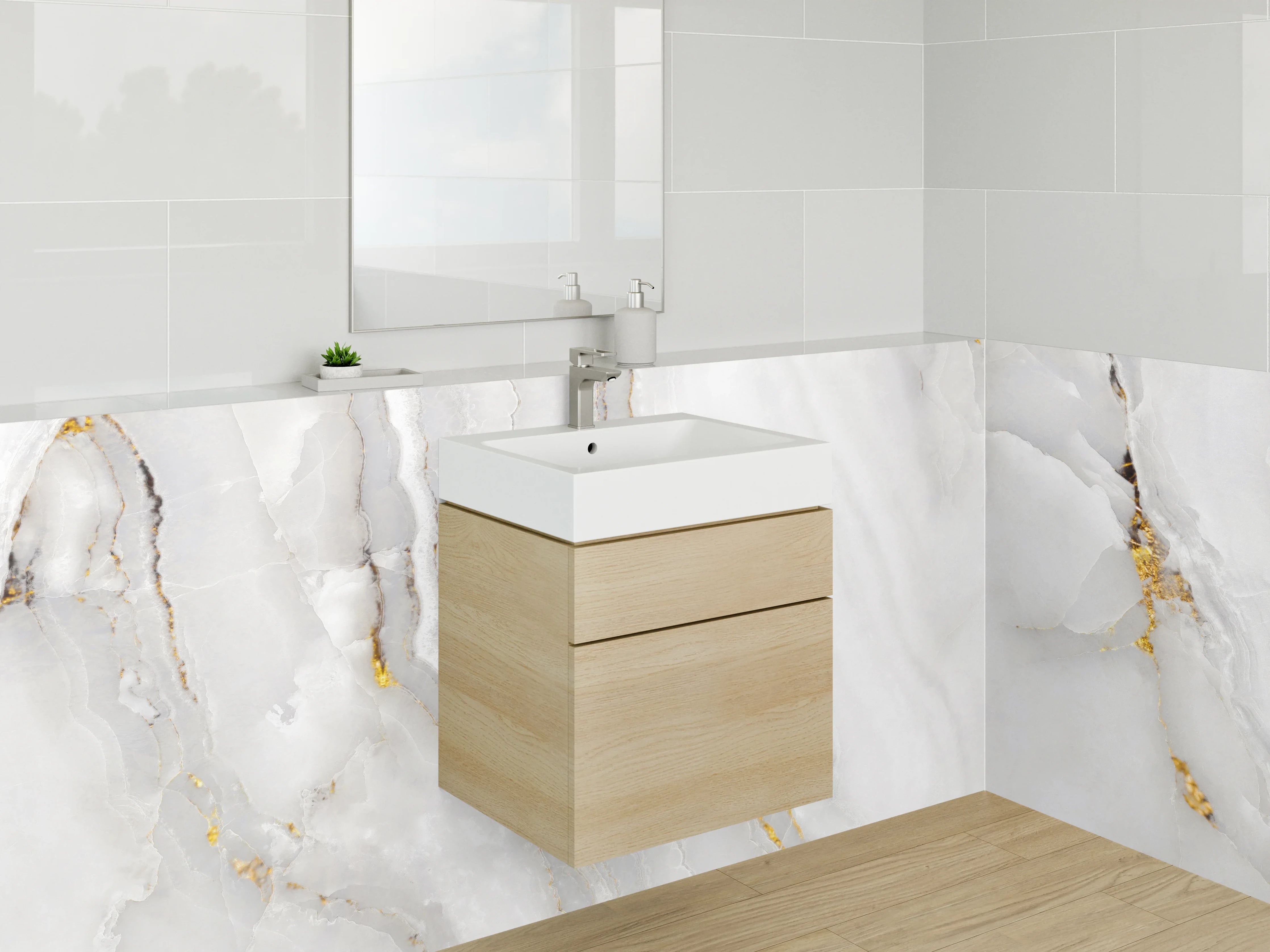 Waschbecken-Rückwand - Eleganter weiß-grauer Marmor mit Gold