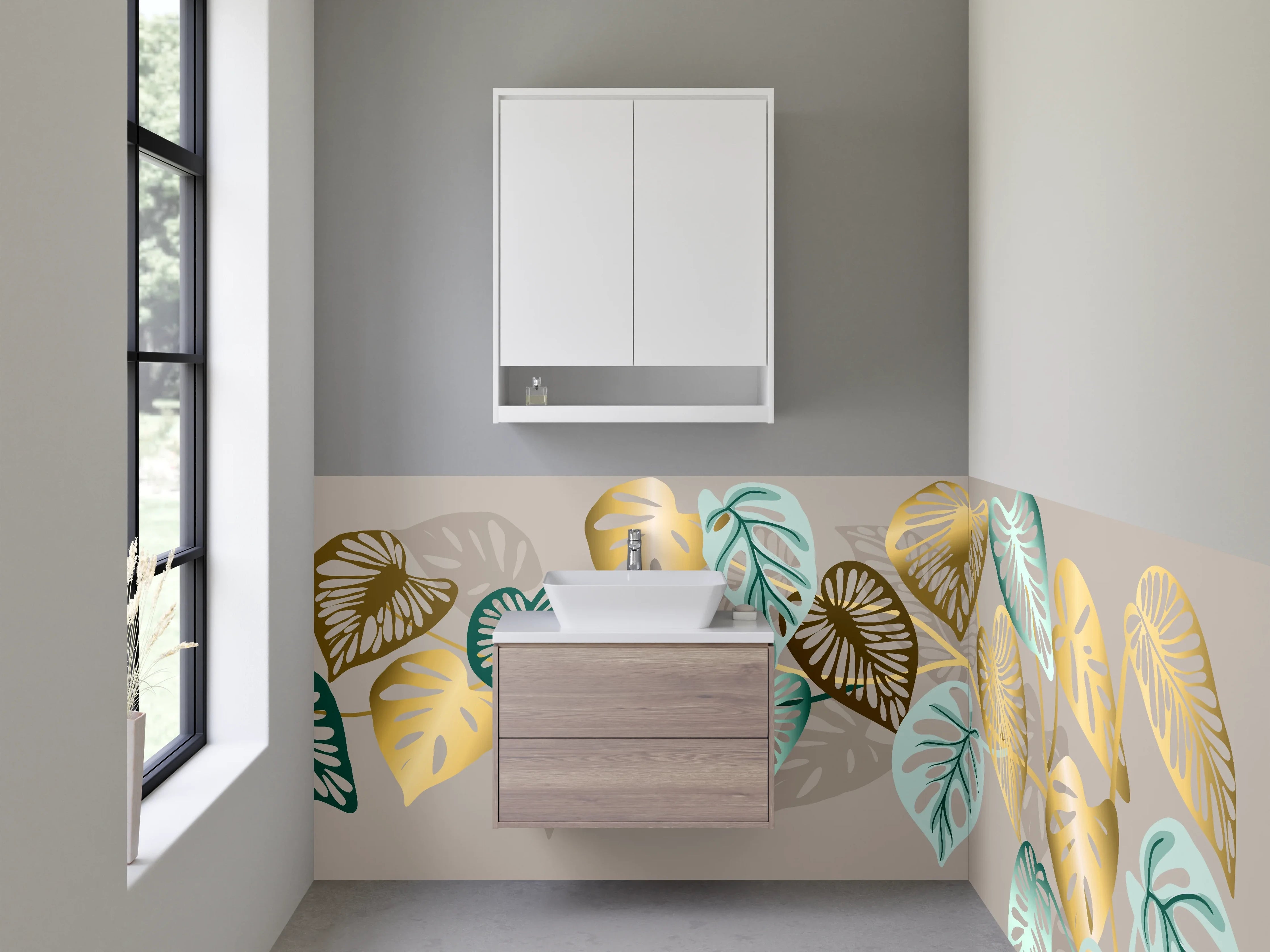 Waschbecken-Rückwand - Elegantes Blätter-Design in Gold und Türkis