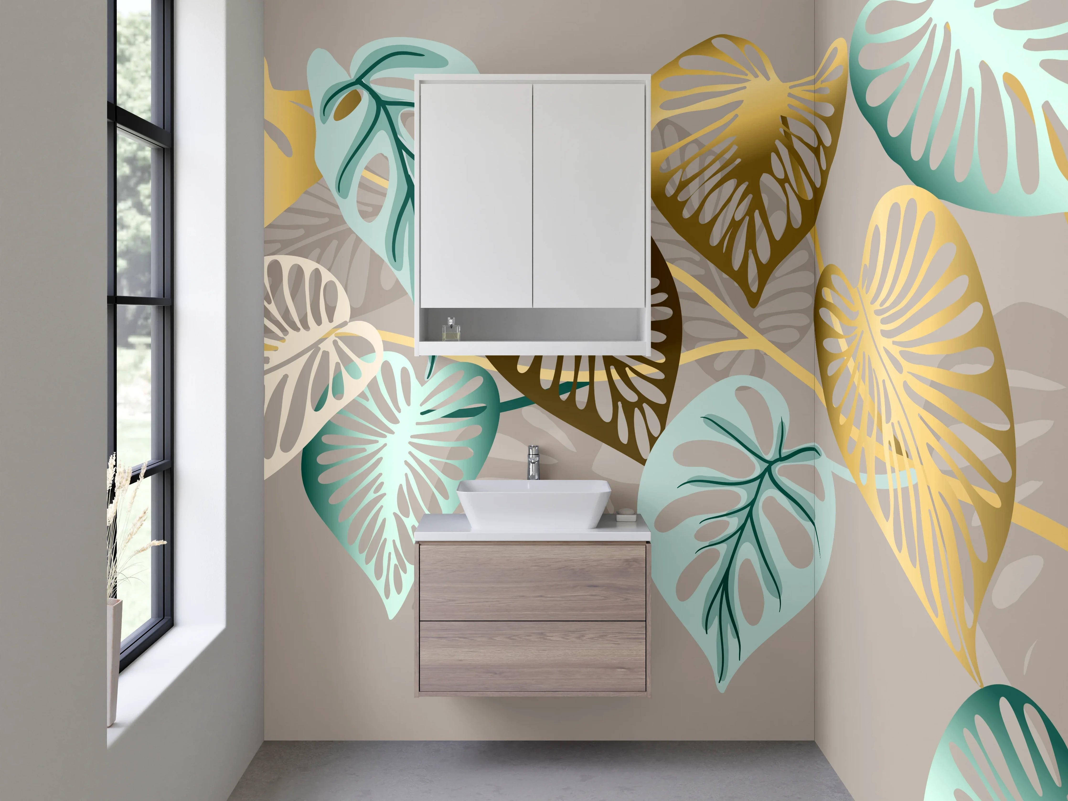 Waschbecken-Rückwand - Elegantes Blätter-Design in Gold und Türkis