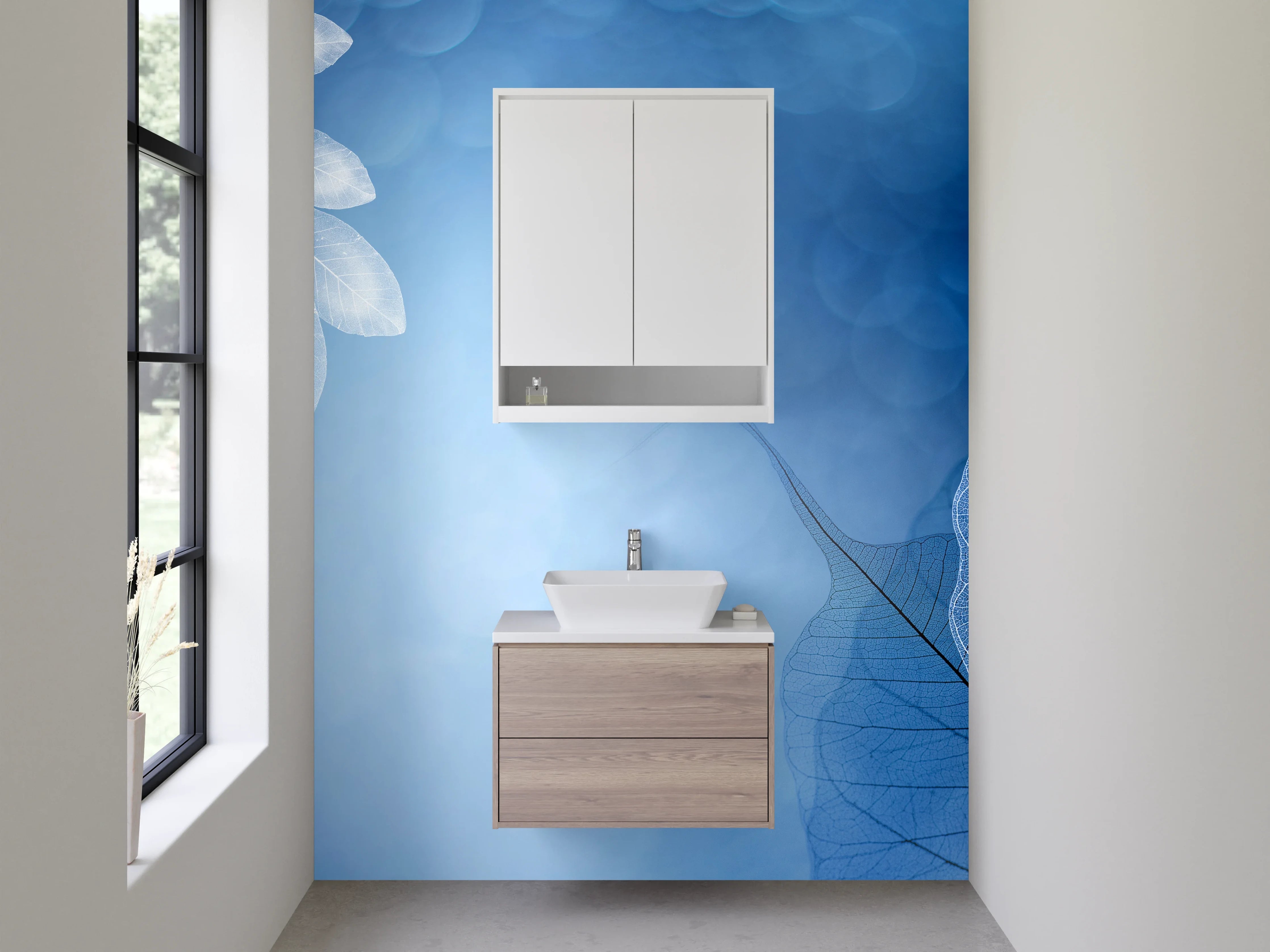 Waschbecken-Rückwand - Elegantes Blattmuster in Blau-Weiß