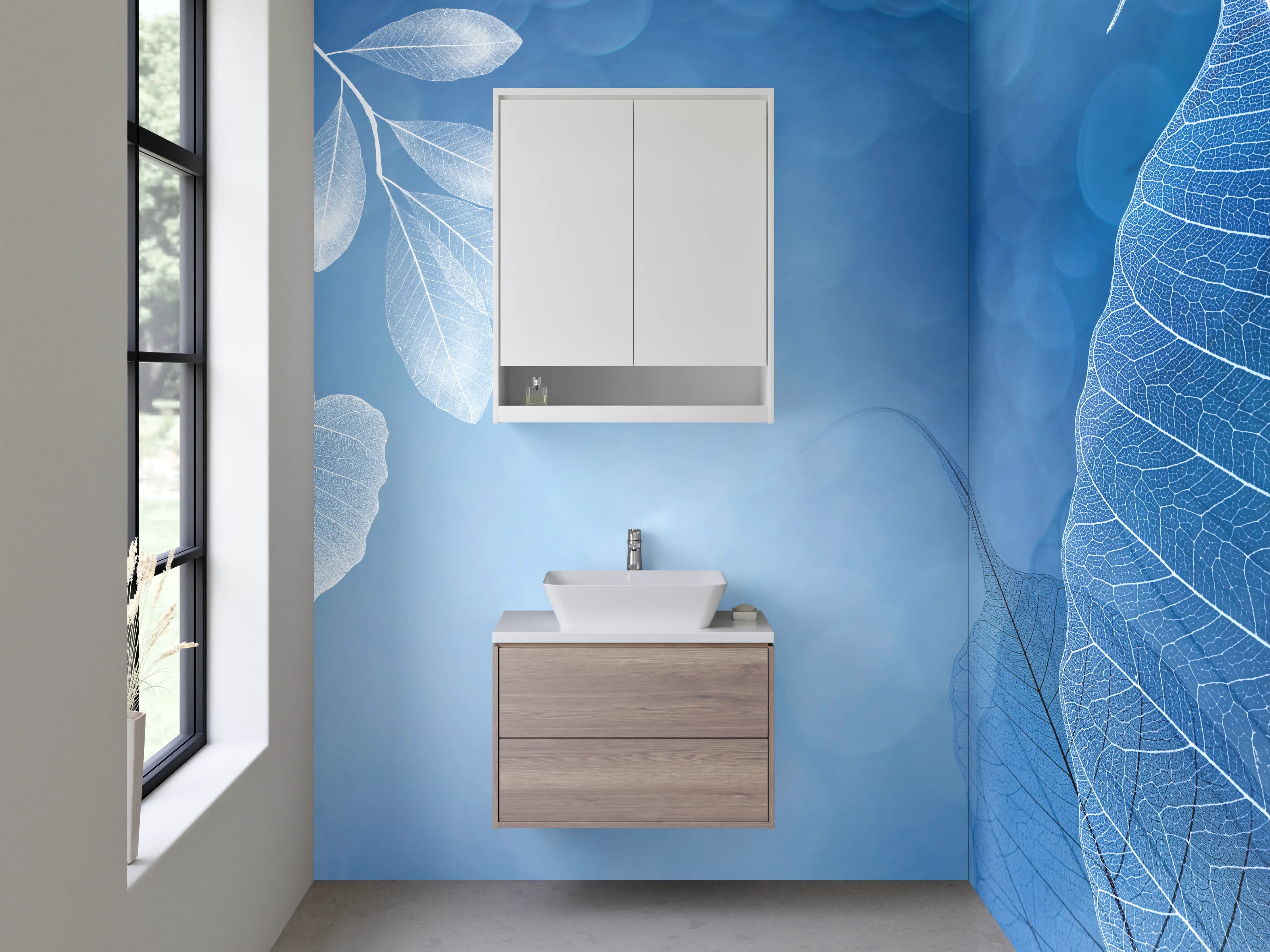 Waschbecken-Rückwand - Elegantes Blattmuster in Blau-Weiß