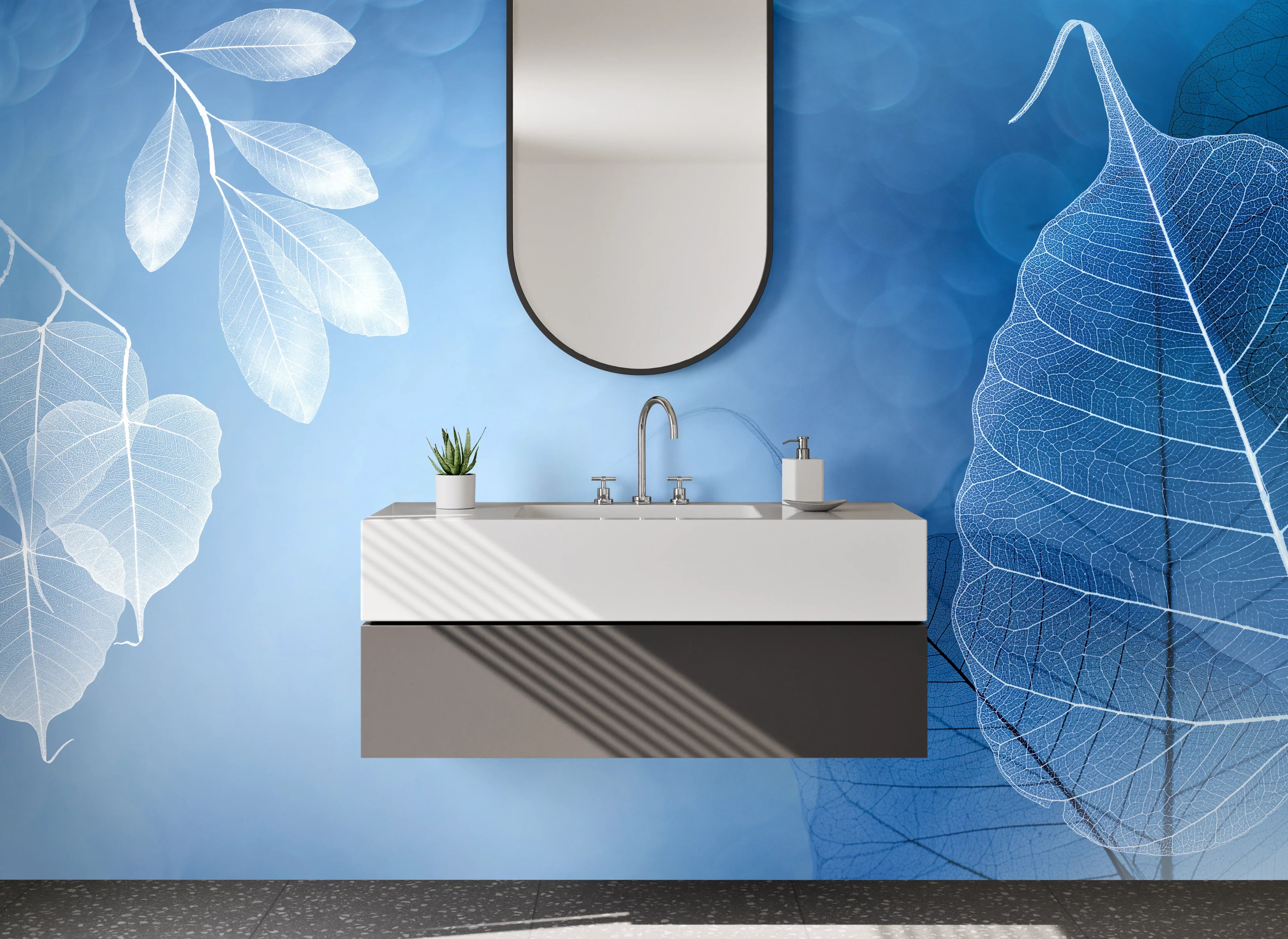 Waschbecken-Rückwand - Elegantes Blattmuster in Blau-Weiß