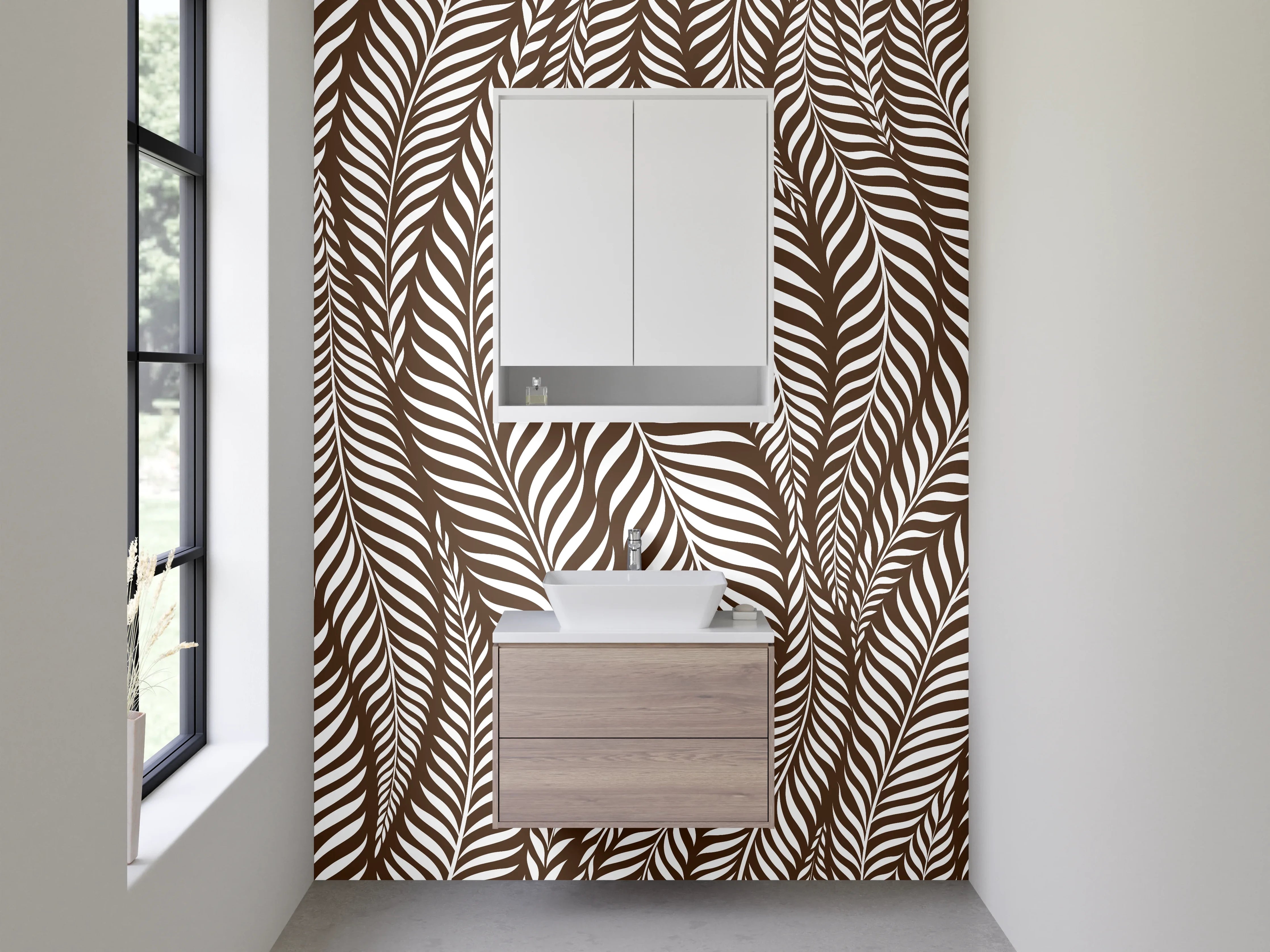 Waschbecken-Rückwand - Elegantes Braun-Weiß-Feder-Motiv