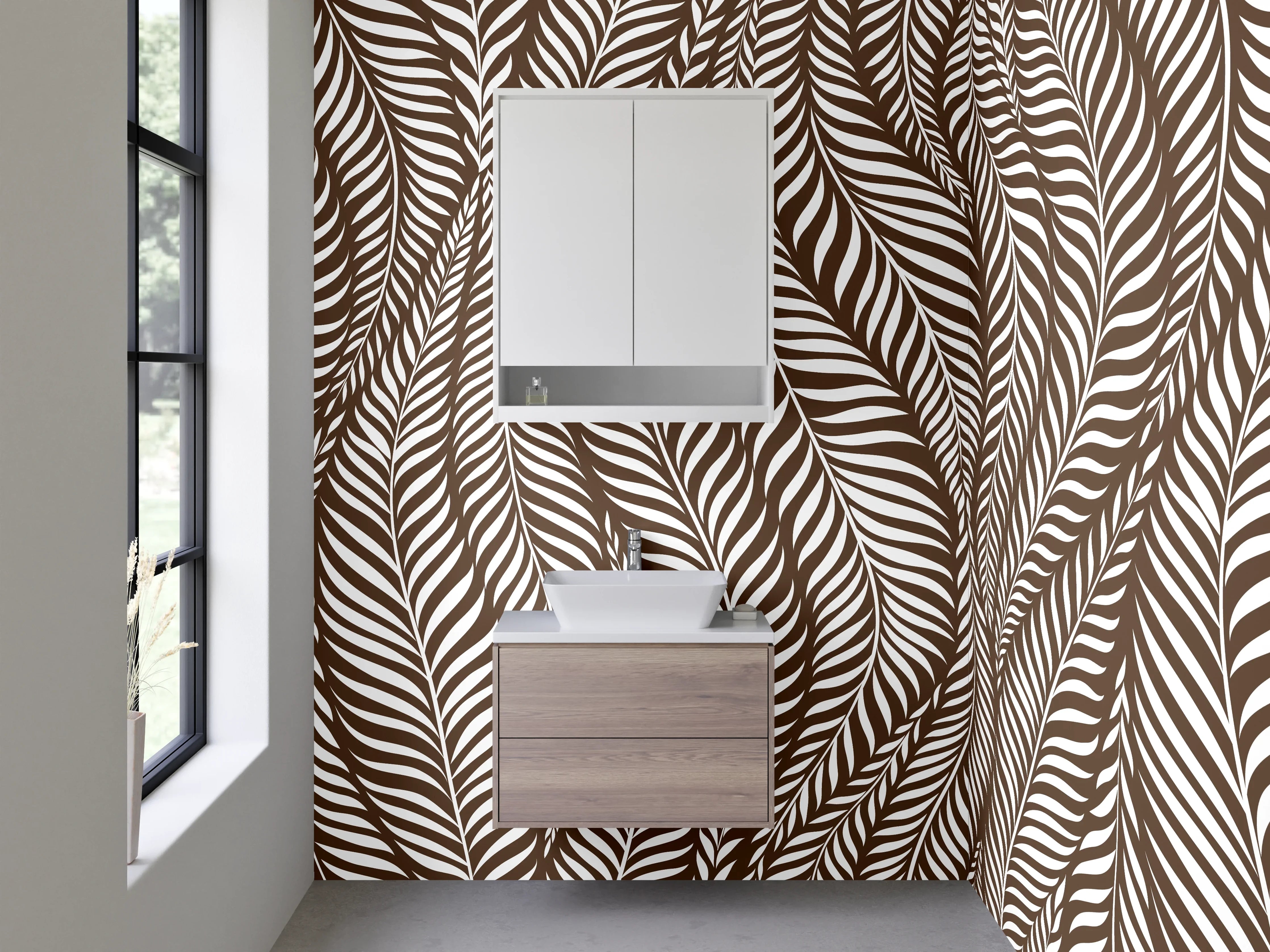 Waschbecken-Rückwand - Elegantes Braun-Weiß-Feder-Motiv