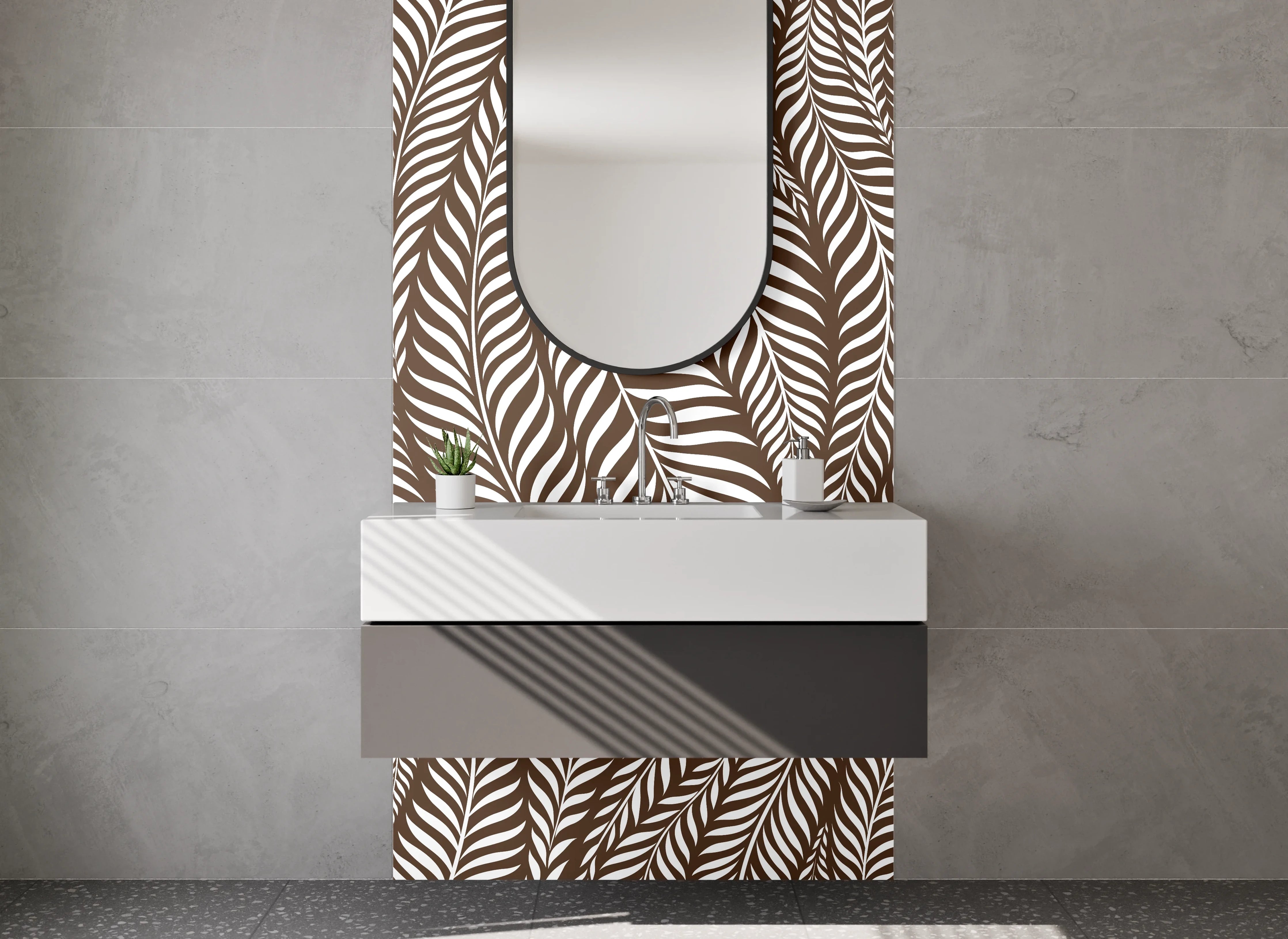 Waschbecken-Rückwand - Elegantes Braun-Weiß-Feder-Motiv