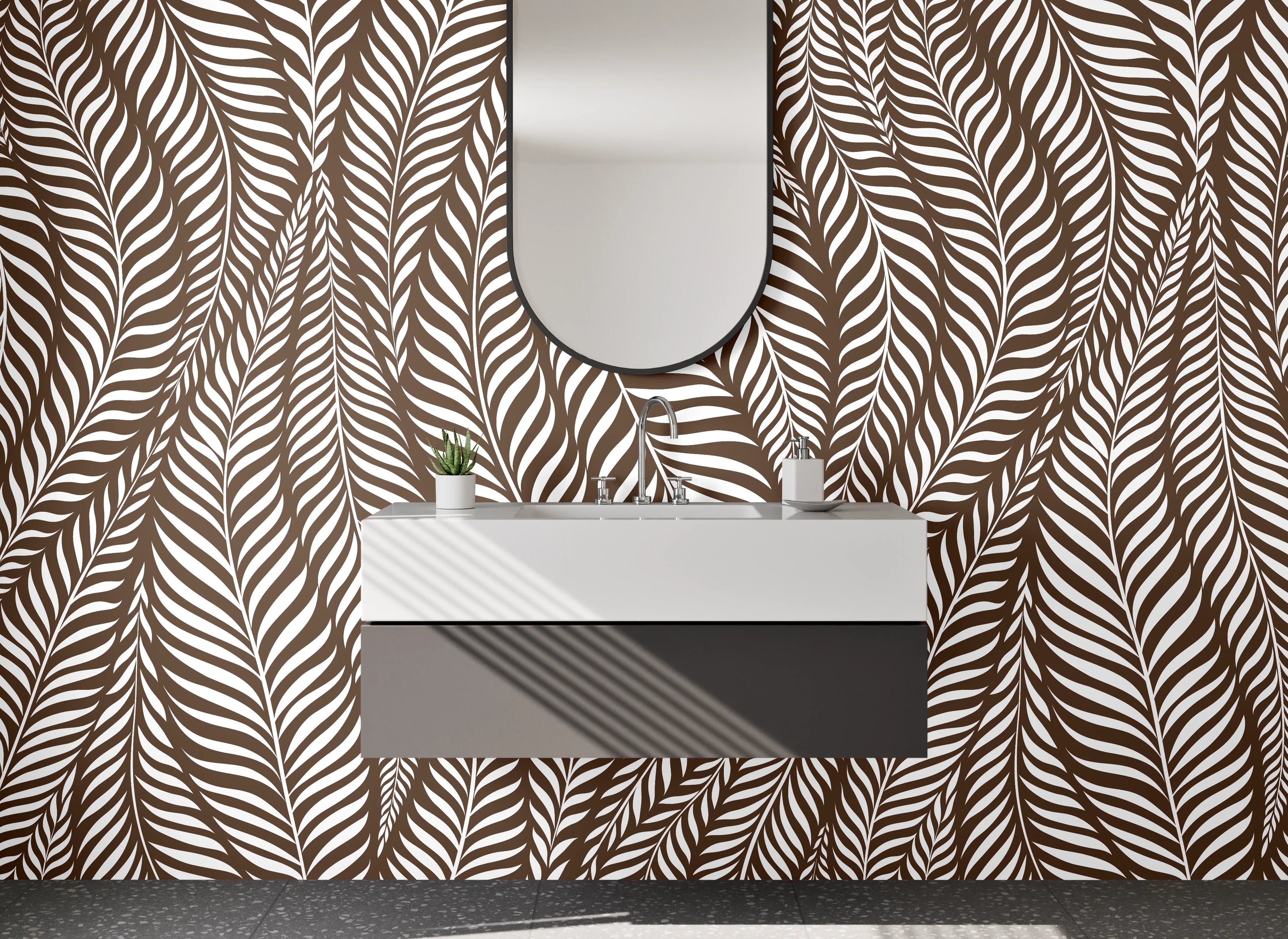 Waschbecken-Rückwand - Elegantes Braun-Weiß-Feder-Motiv