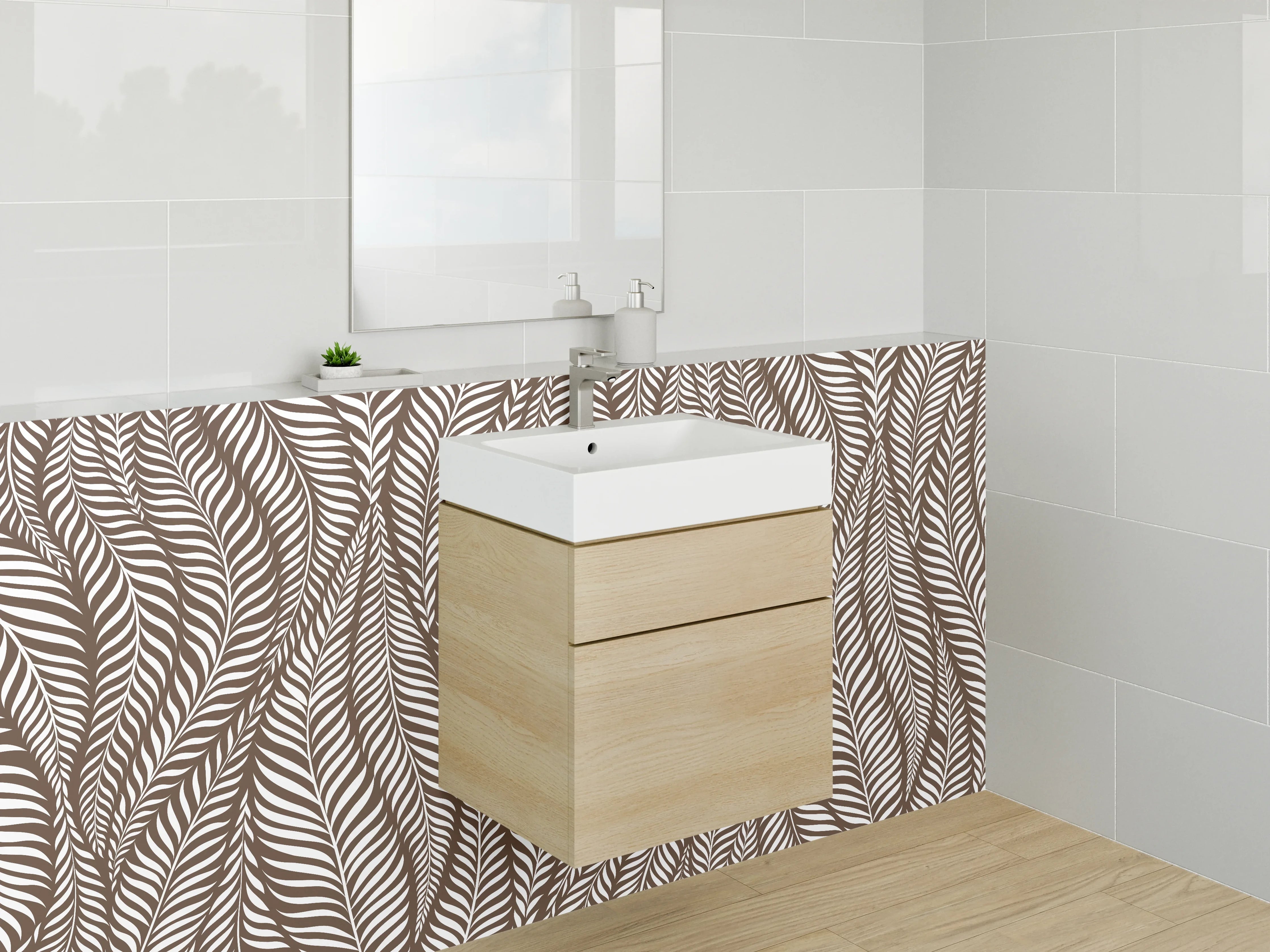 Waschbecken-Rückwand - Elegantes Braun-Weiß-Feder-Motiv