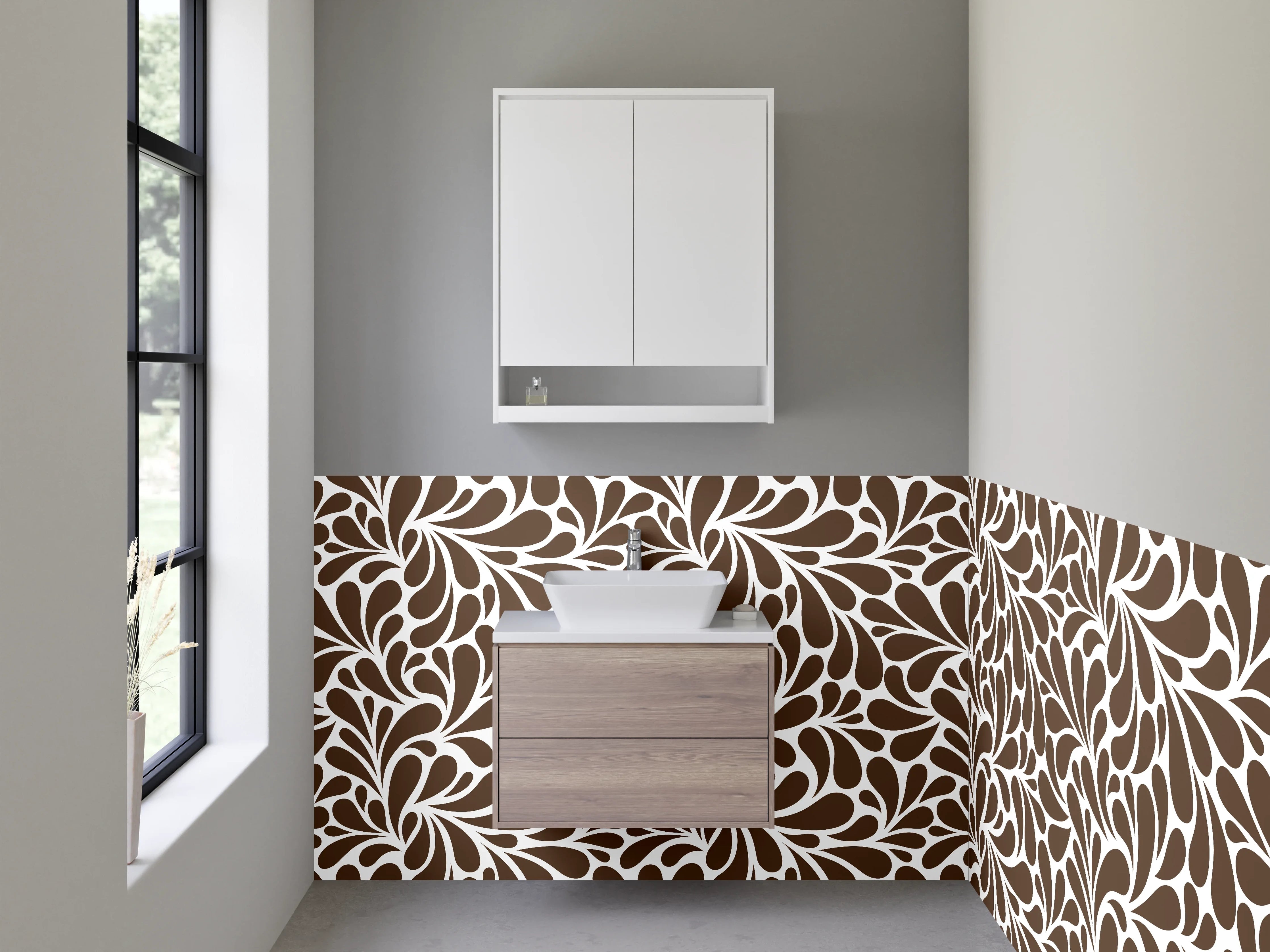 Waschbecken-Rückwand - Elegantes Brauntapetenmuster mit Blattdesign