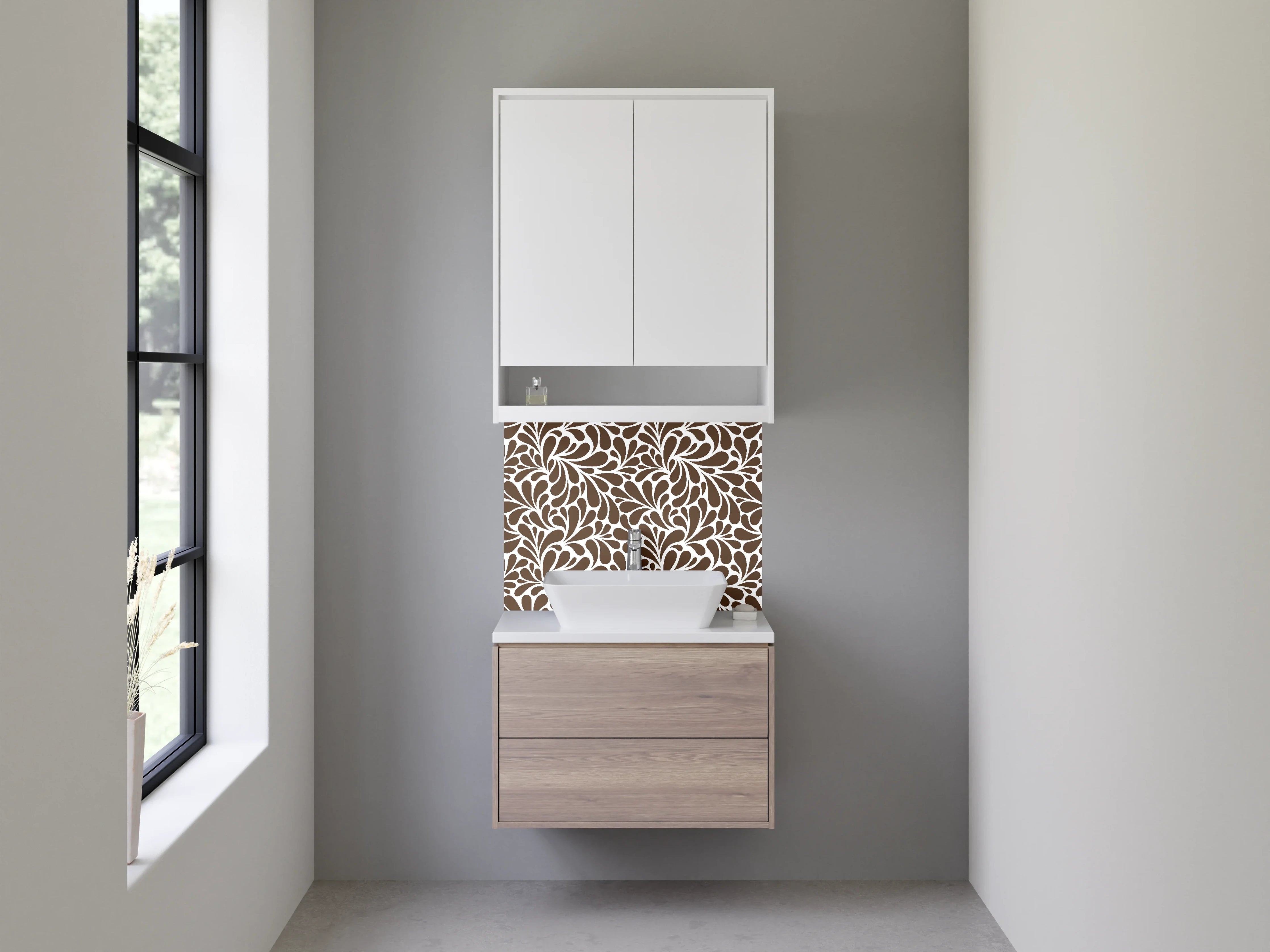 Waschbecken-Rückwand - Elegantes Brauntapetenmuster mit Blattdesign