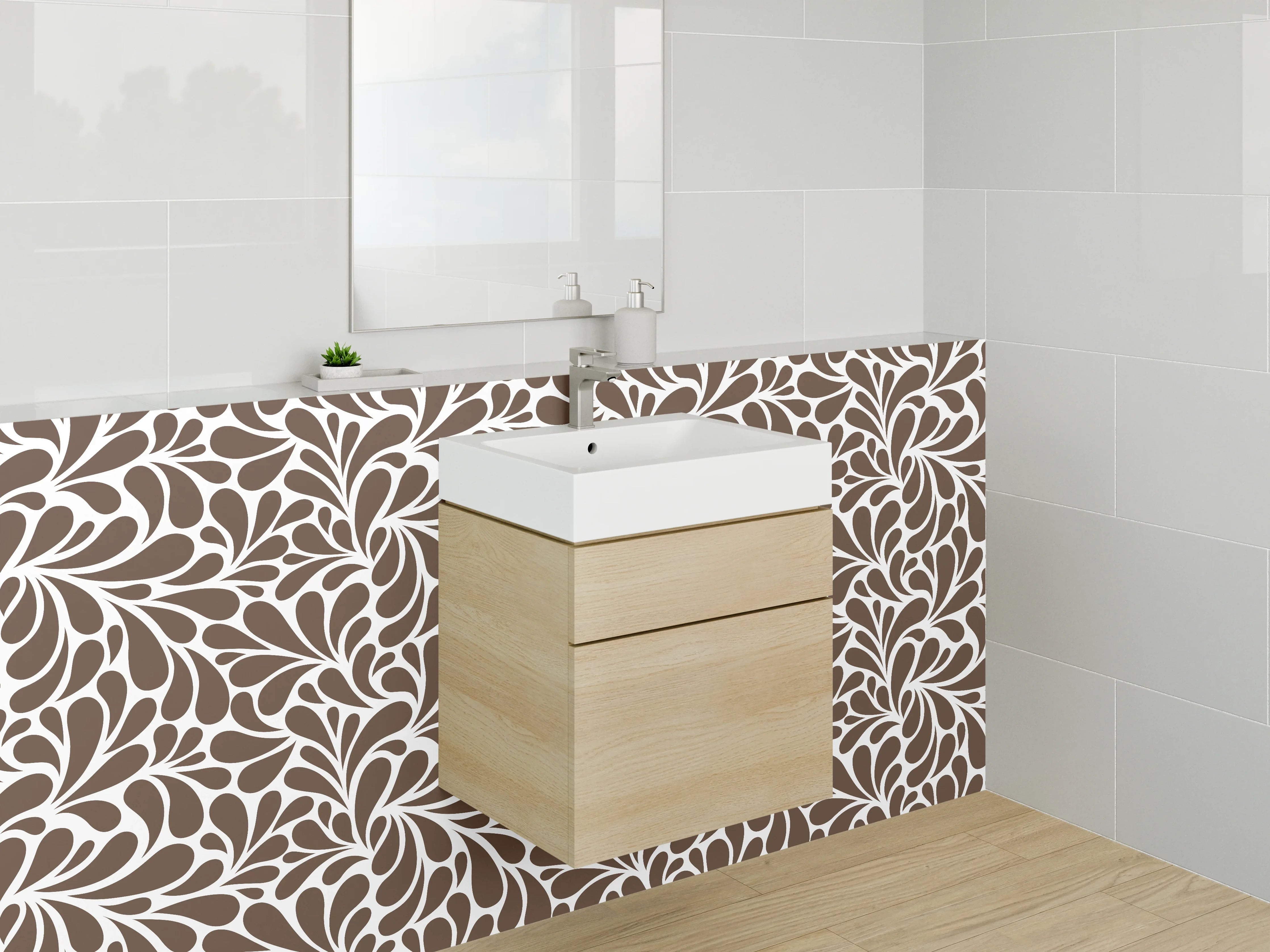 Waschbecken-Rückwand - Elegantes Brauntapetenmuster mit Blattdesign