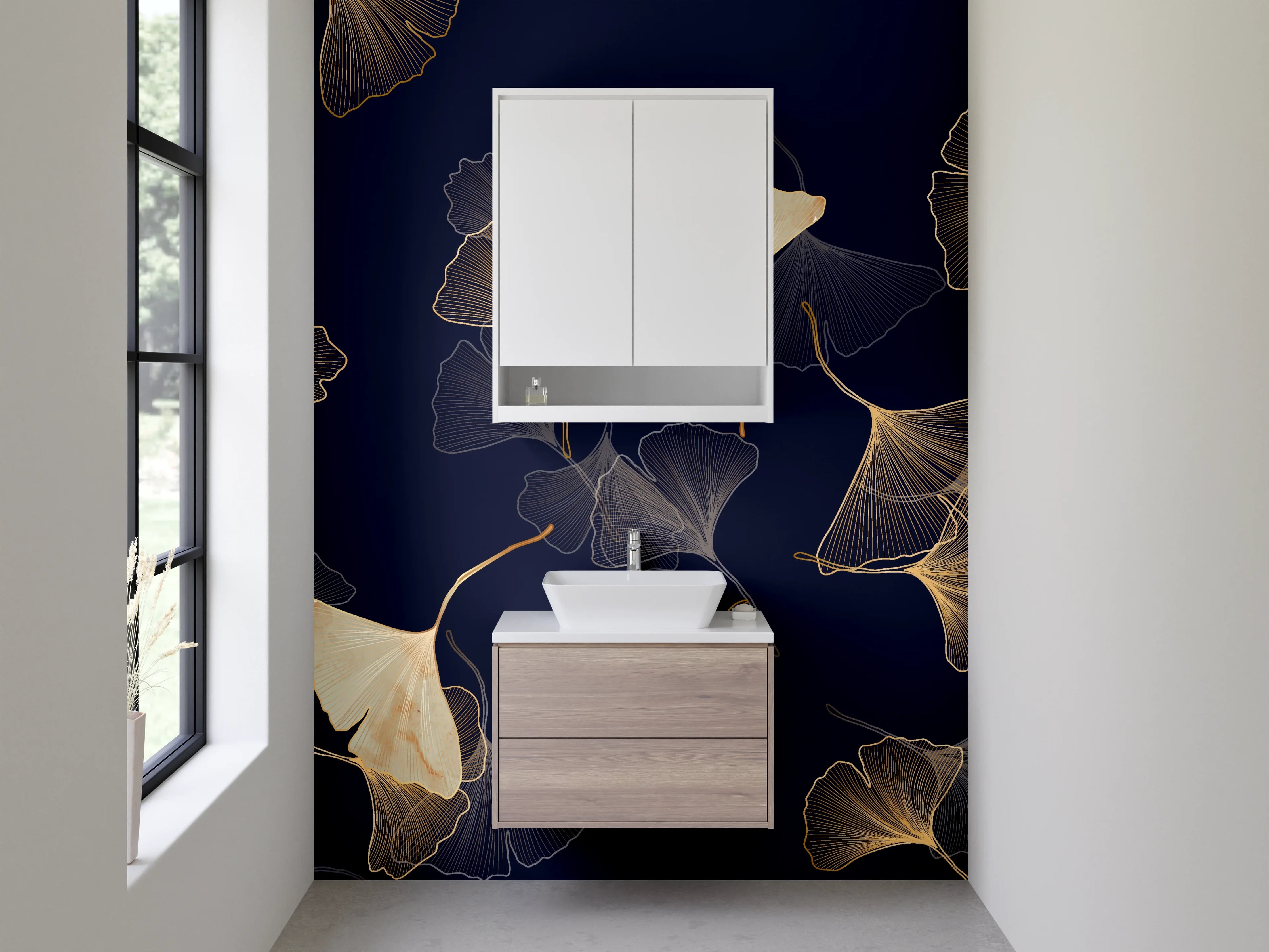 Waschbecken-Rückwand - Elegantes Ginkgo-Muster auf Dunkelblau
