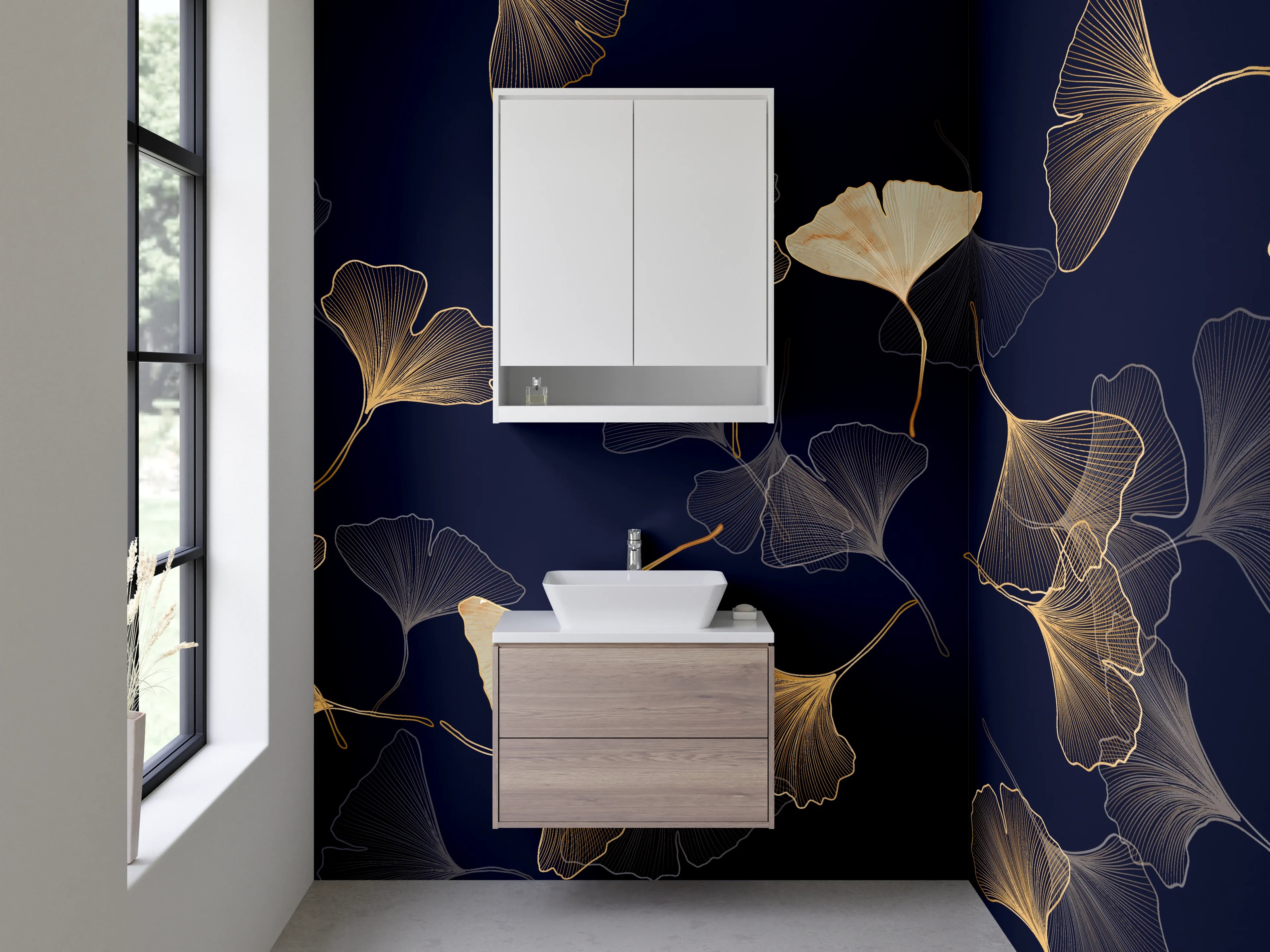 Waschbecken-Rückwand - Elegantes Ginkgo-Muster auf Dunkelblau
