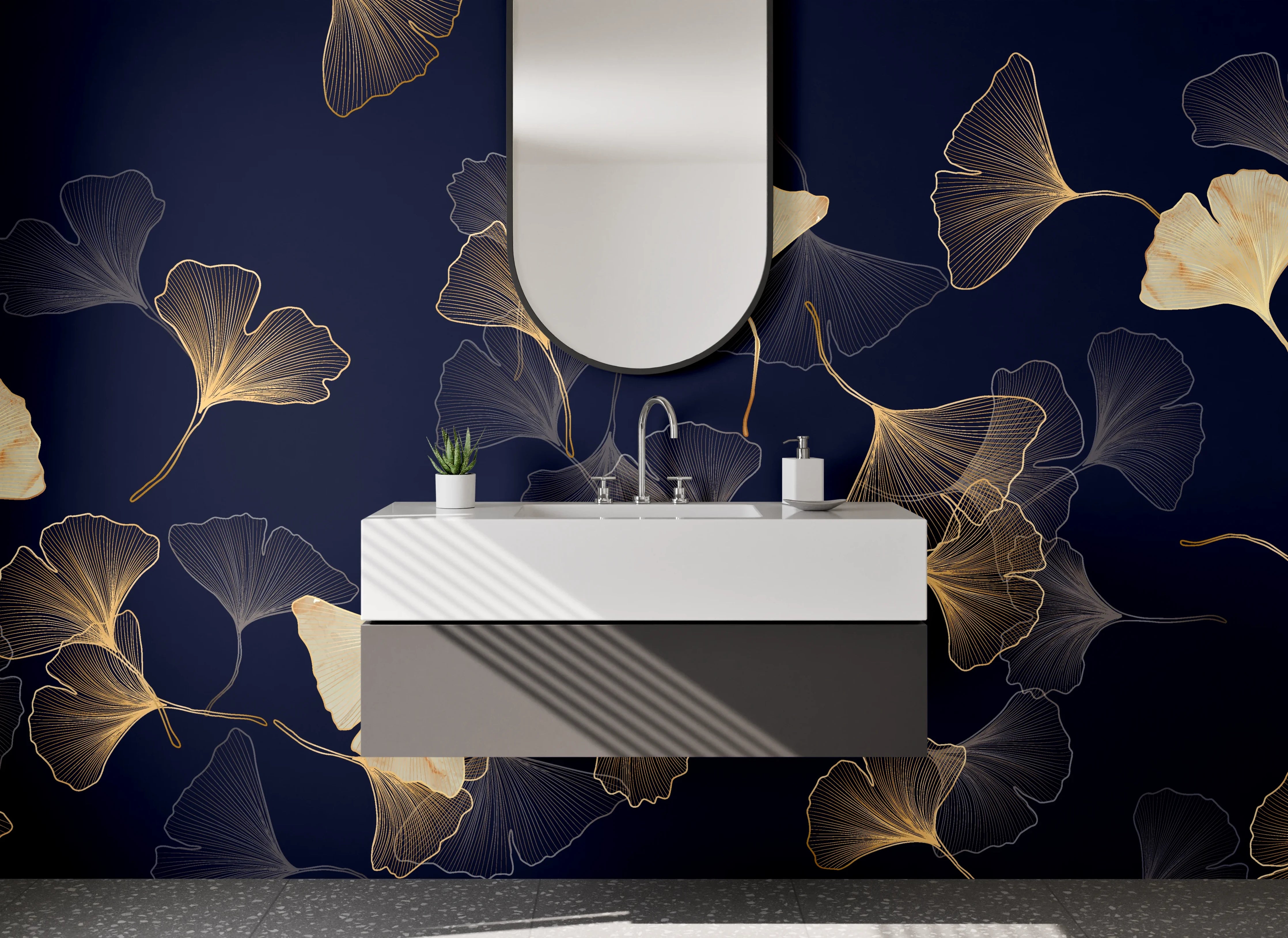 Waschbecken-Rückwand - Elegantes Ginkgo-Muster auf Dunkelblau