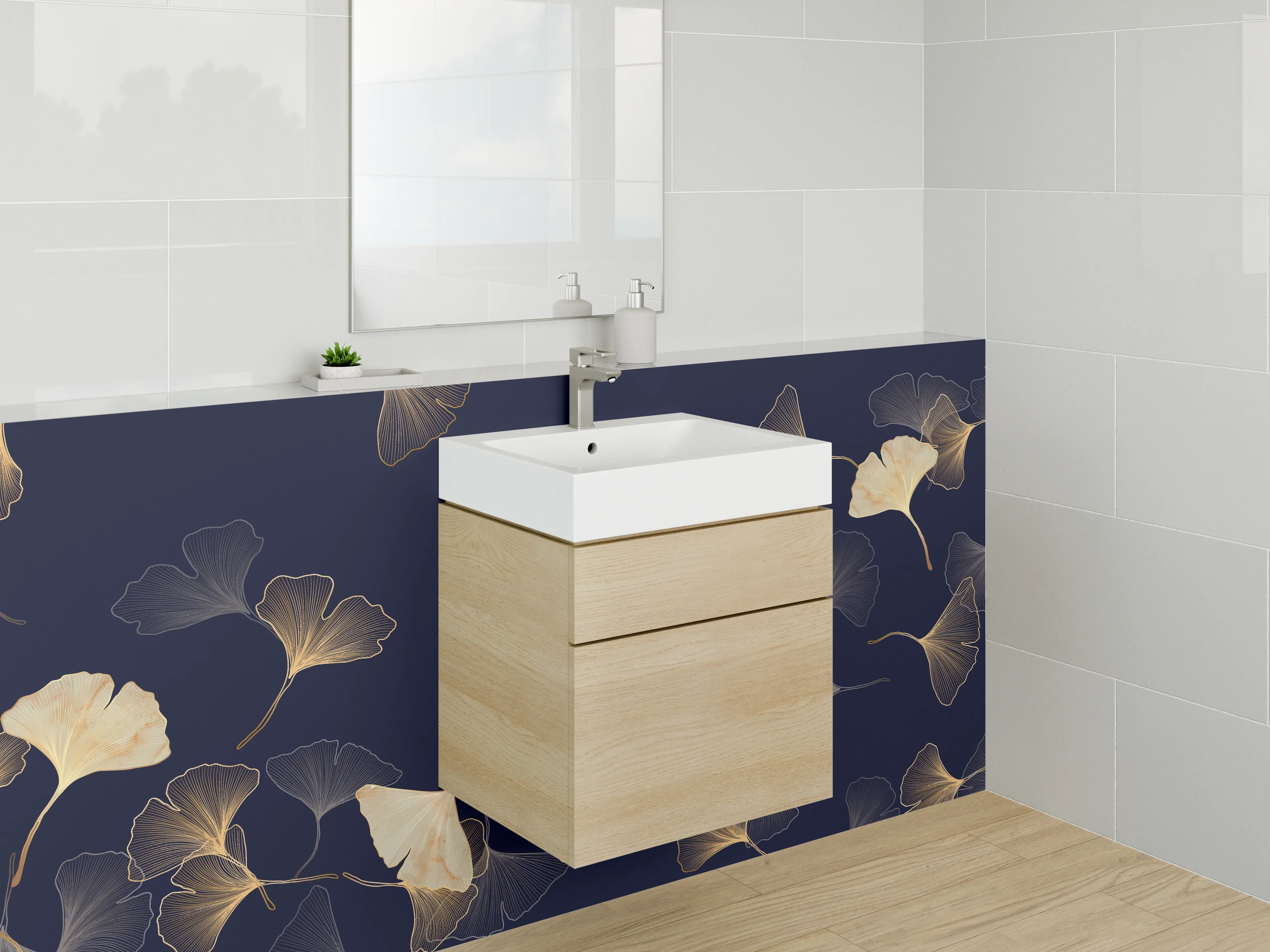 Waschbecken-Rückwand - Elegantes Ginkgo-Muster auf Dunkelblau