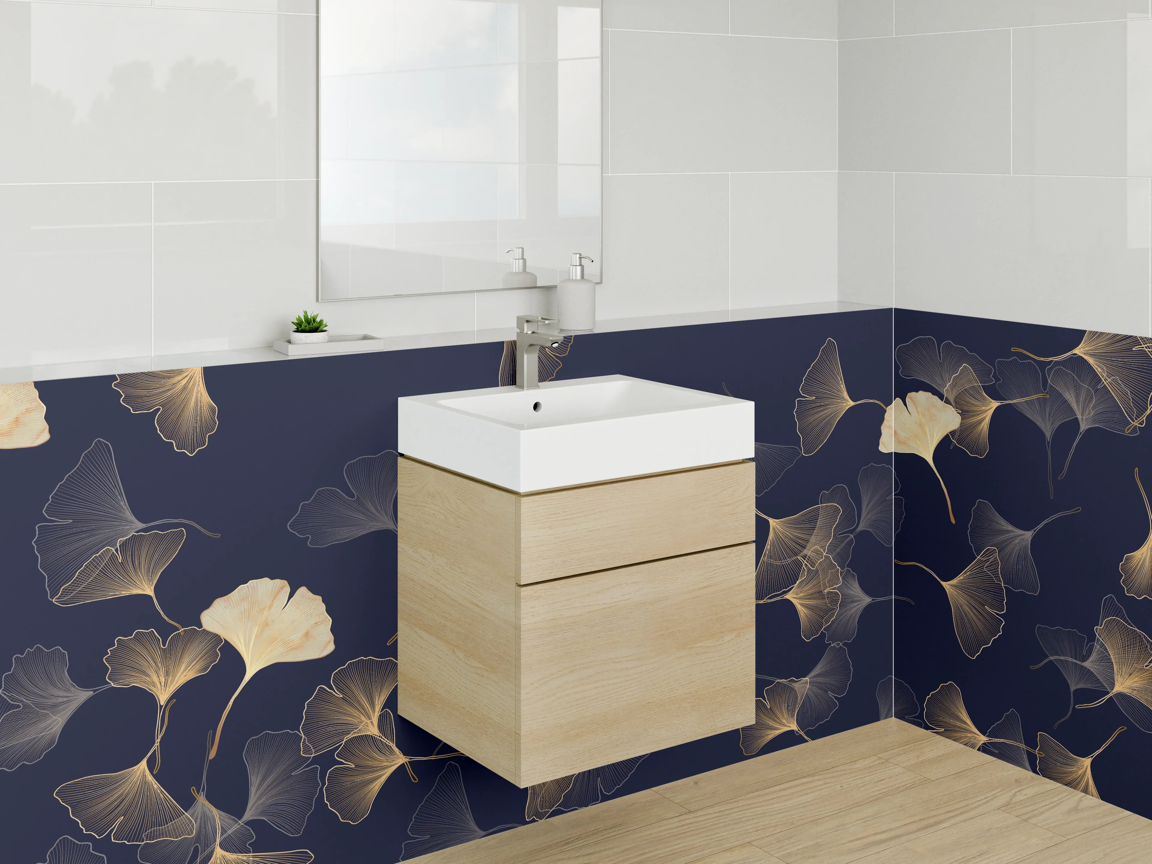 Waschbecken-Rückwand - Elegantes Ginkgo-Muster auf Dunkelblau
