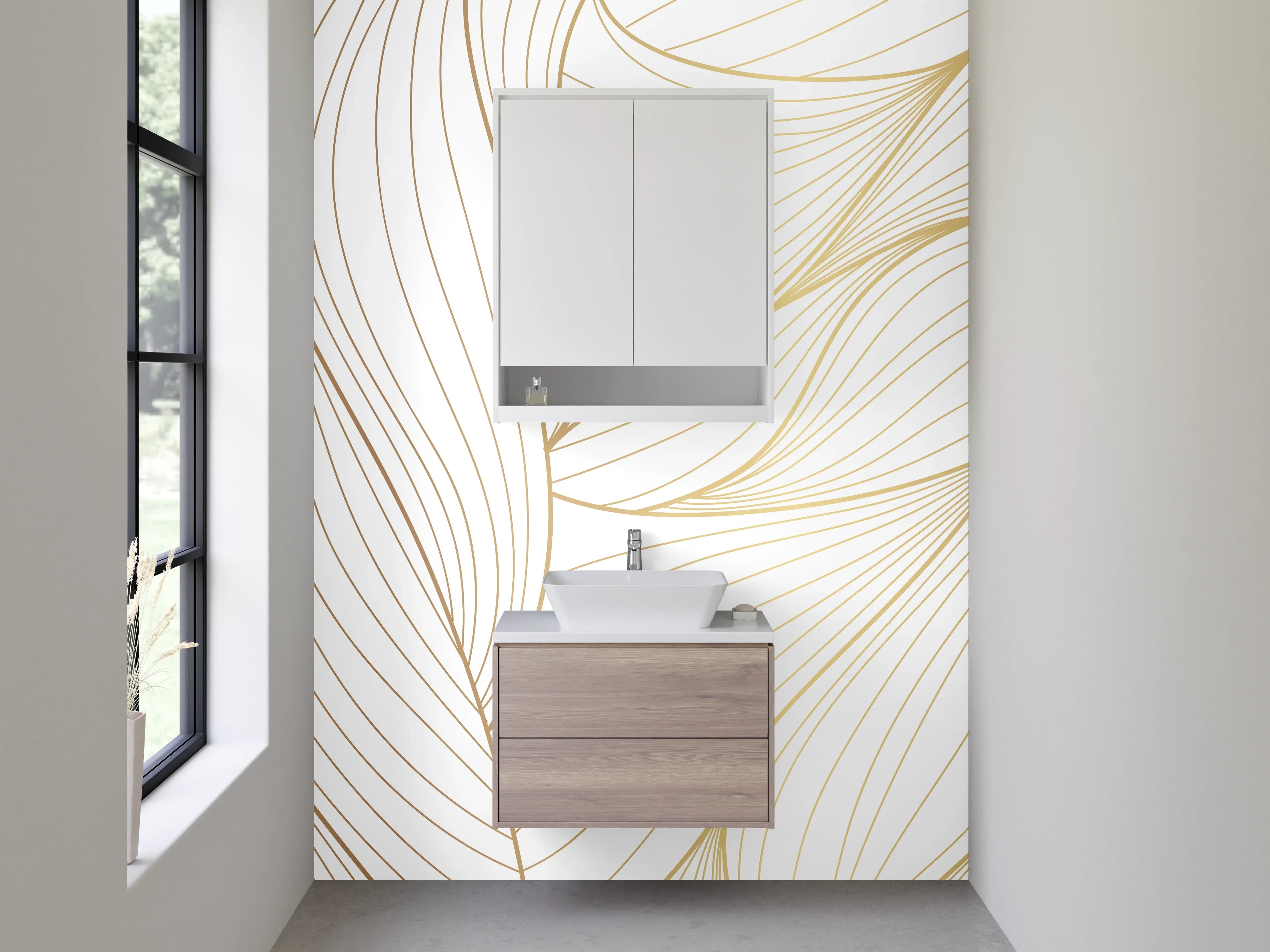 Waschbecken-Rückwand - Elegantes Lineart-Blattmuster Weiß Gold