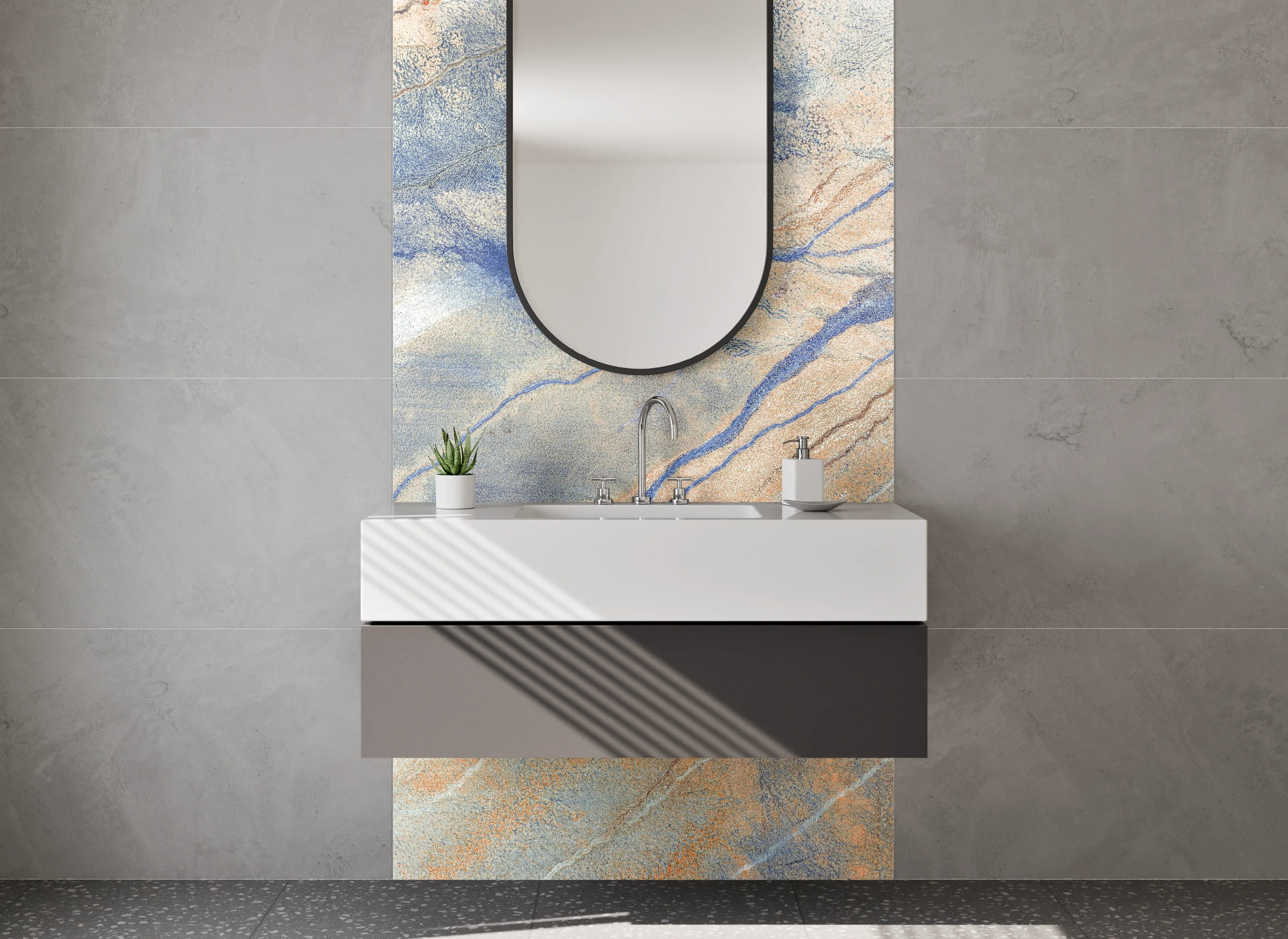 Waschbecken-Rückwand - Elegantes Marmor-Design in Blau-Beige