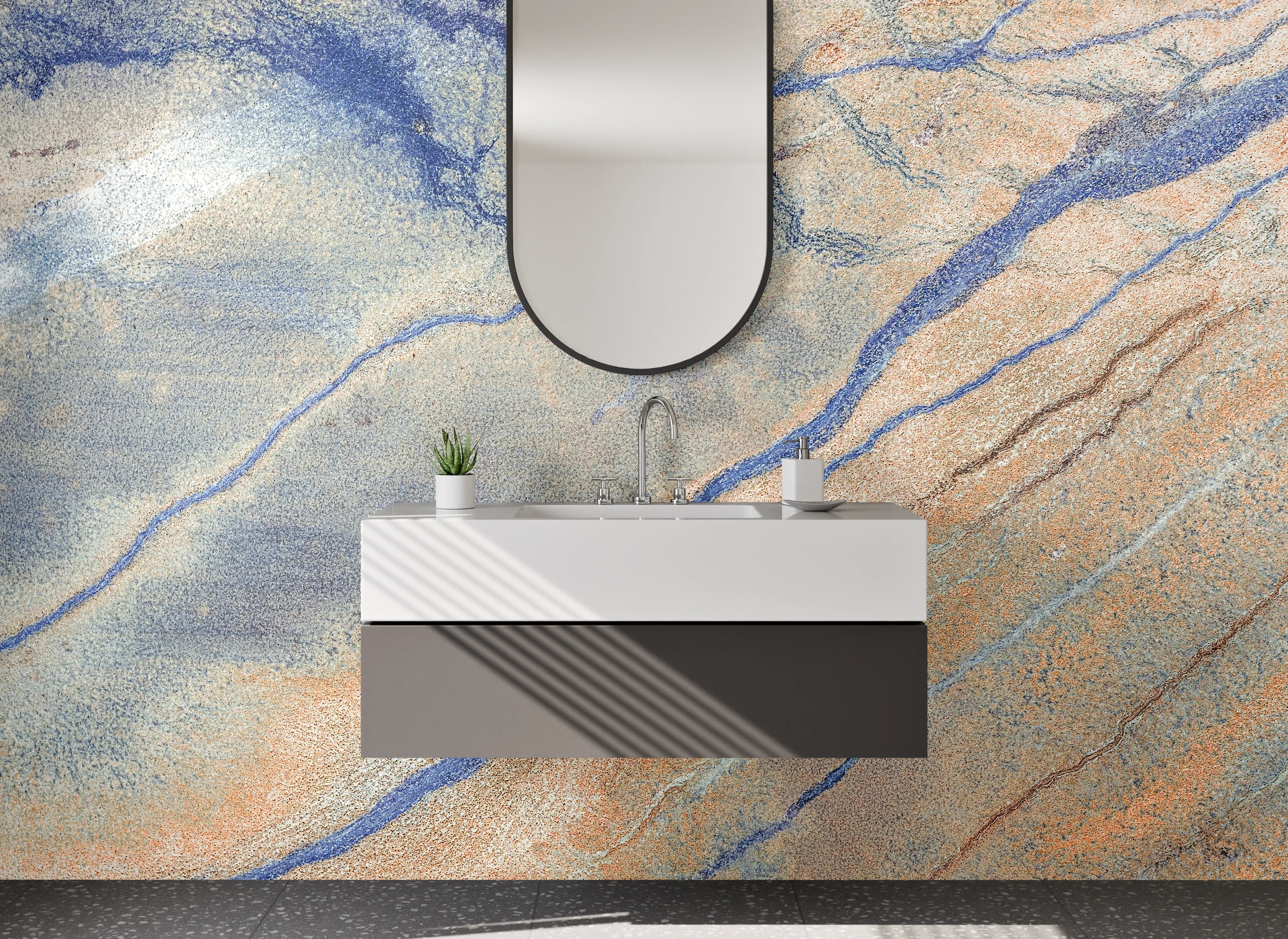 Waschbecken-Rückwand - Elegantes Marmor-Design in Blau-Beige