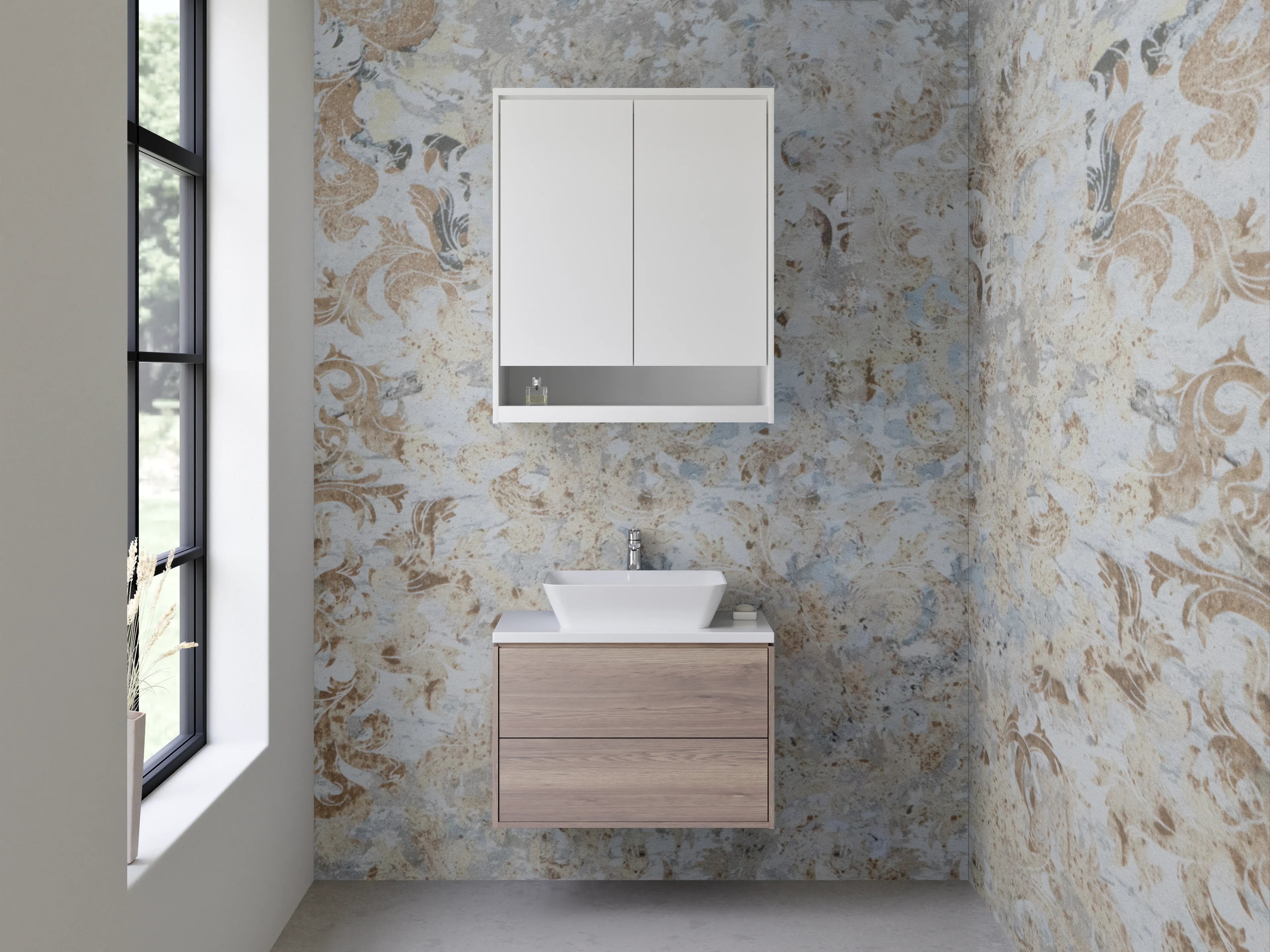 Waschbecken-Rückwand - Elegantes Vintage-Ornament Muster Beige Silber