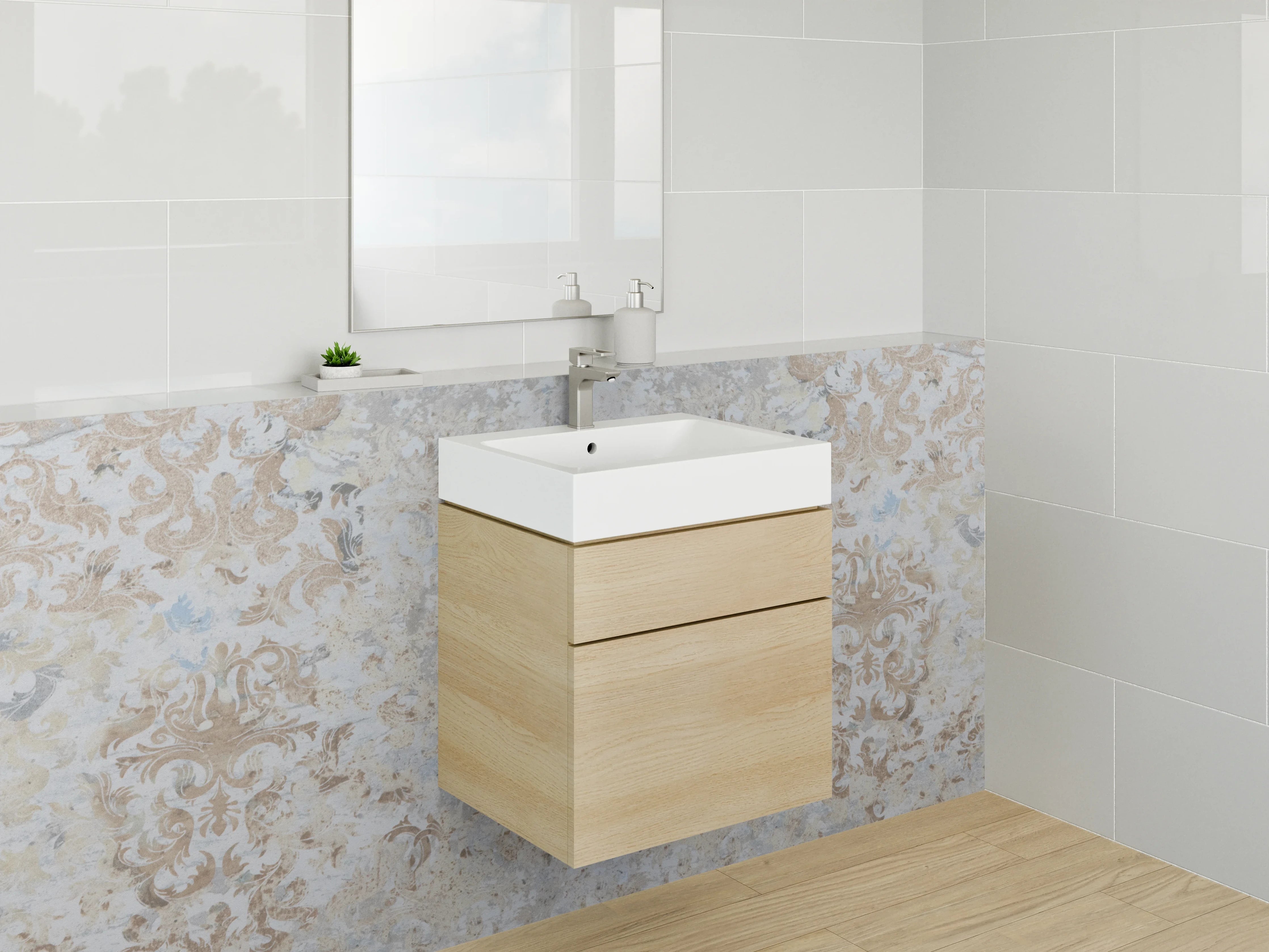 Waschbecken-Rückwand - Elegantes Vintage-Ornament Muster Beige Silber