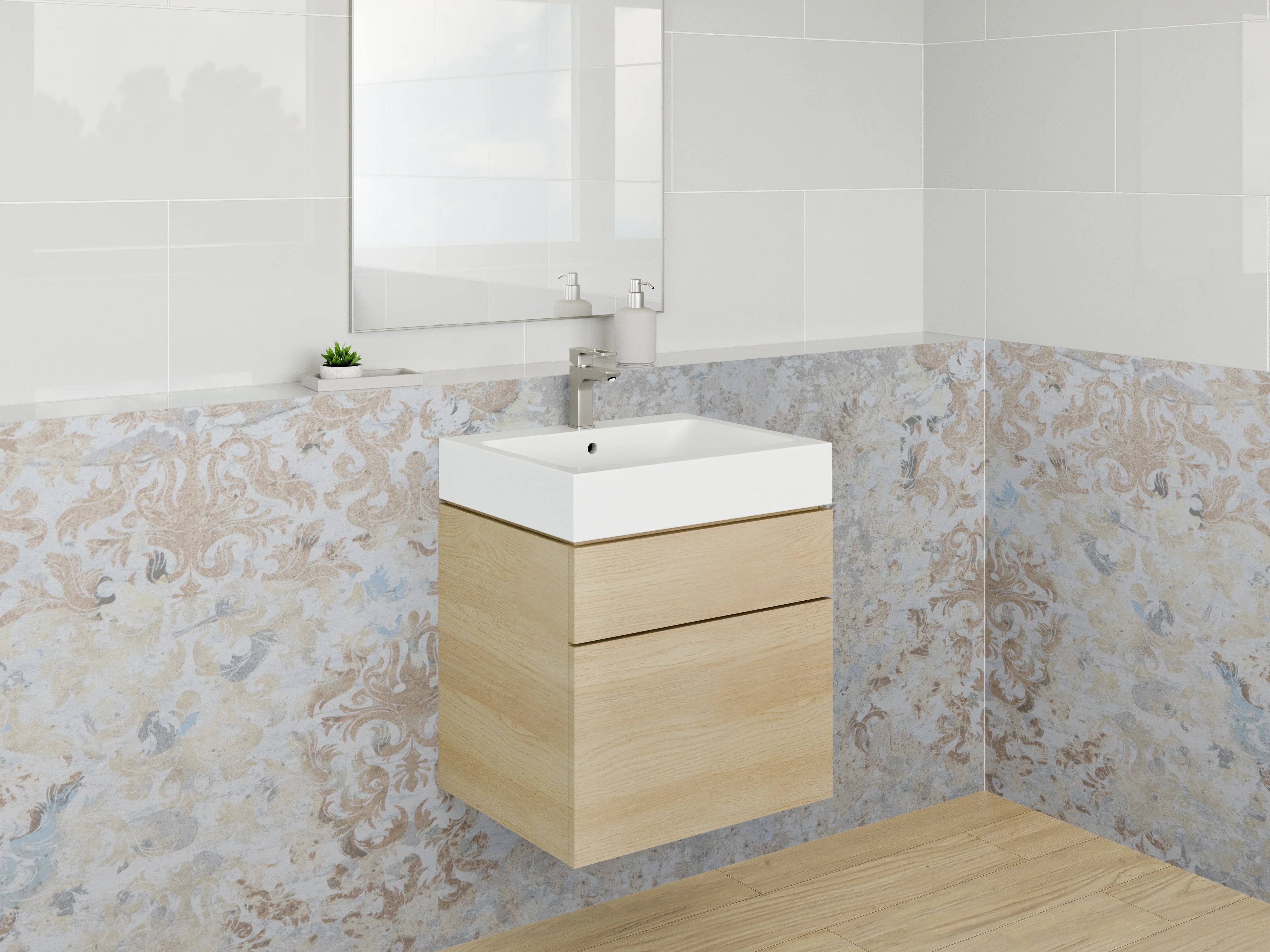 Waschbecken-Rückwand - Elegantes Vintage-Ornament Muster Beige Silber