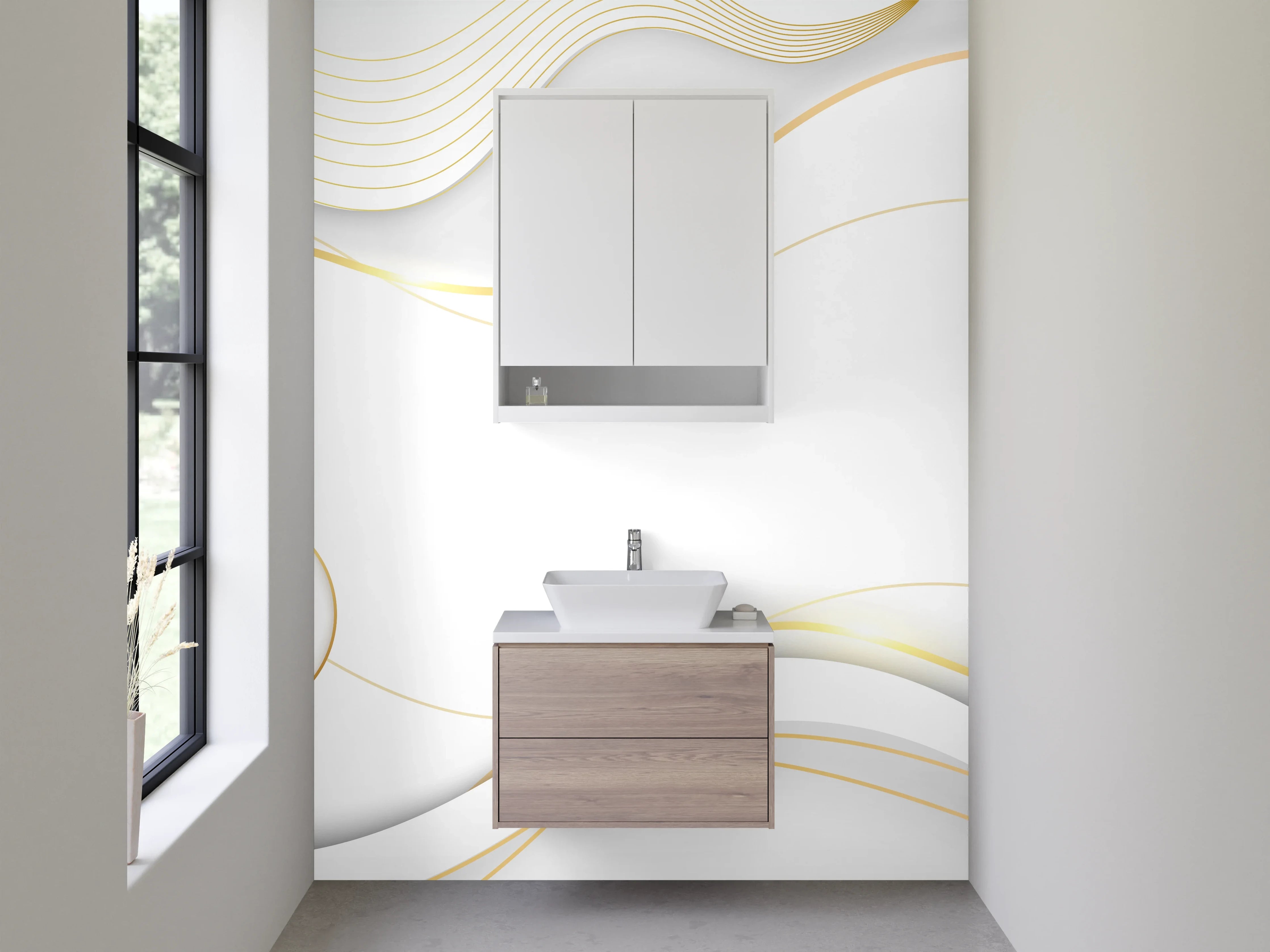 Waschbecken-Rückwand - Elegantes Weiß Gold Wellenmuster