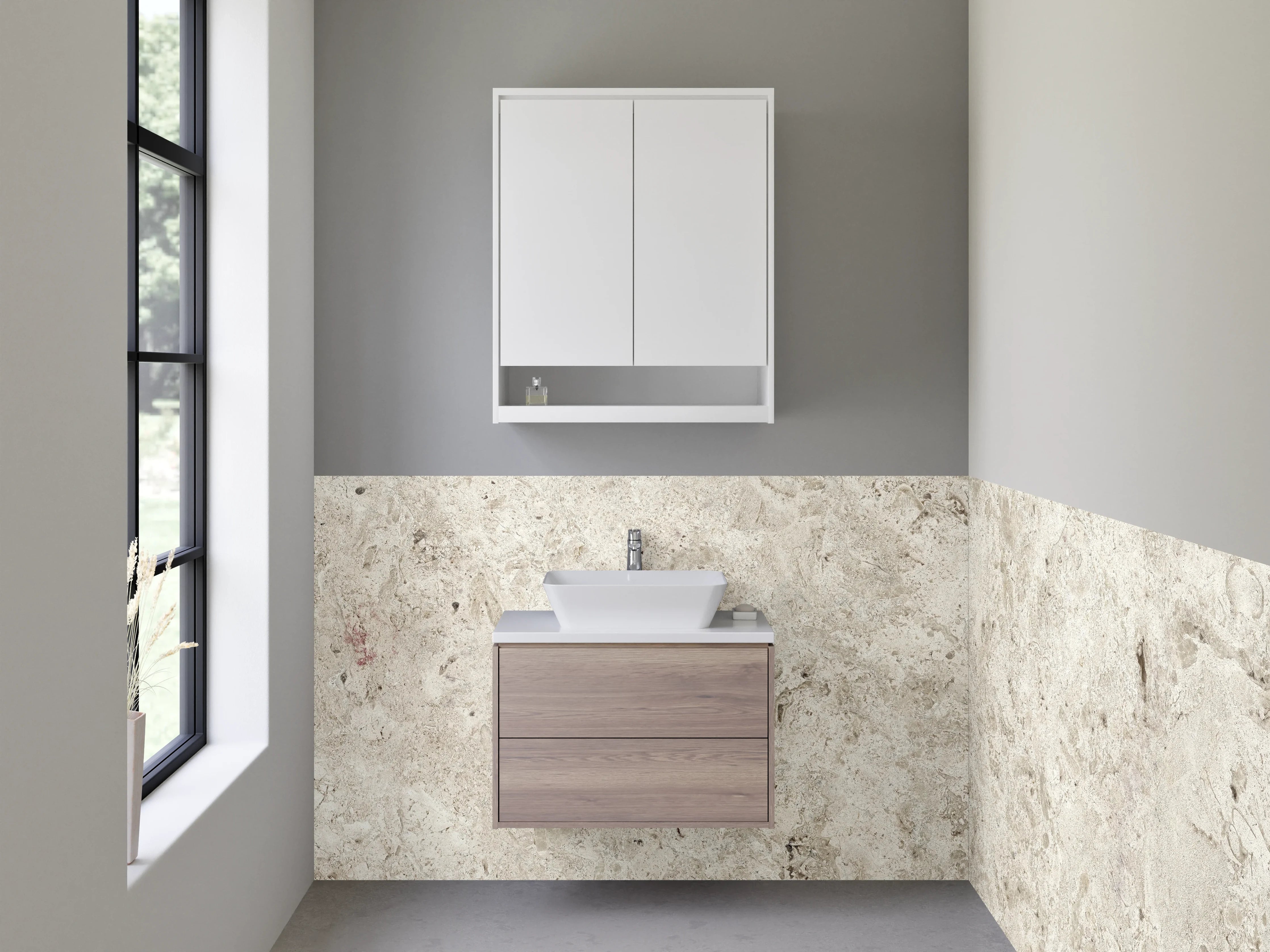 Waschbecken-Rückwand - Elegantes Weiß-Grau Kalkstein Design