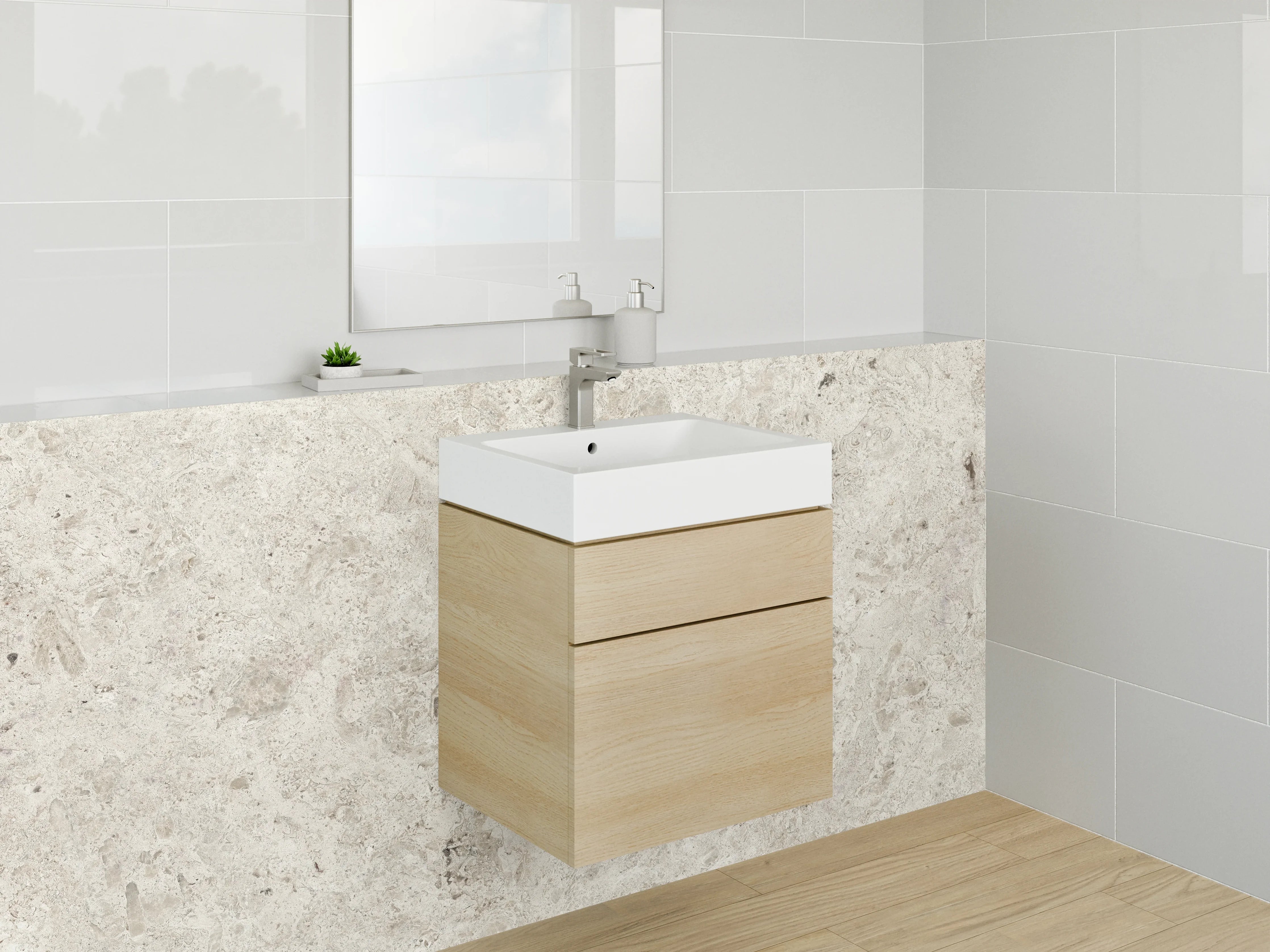 Waschbecken-Rückwand - Elegantes Weiß-Grau Kalkstein Design