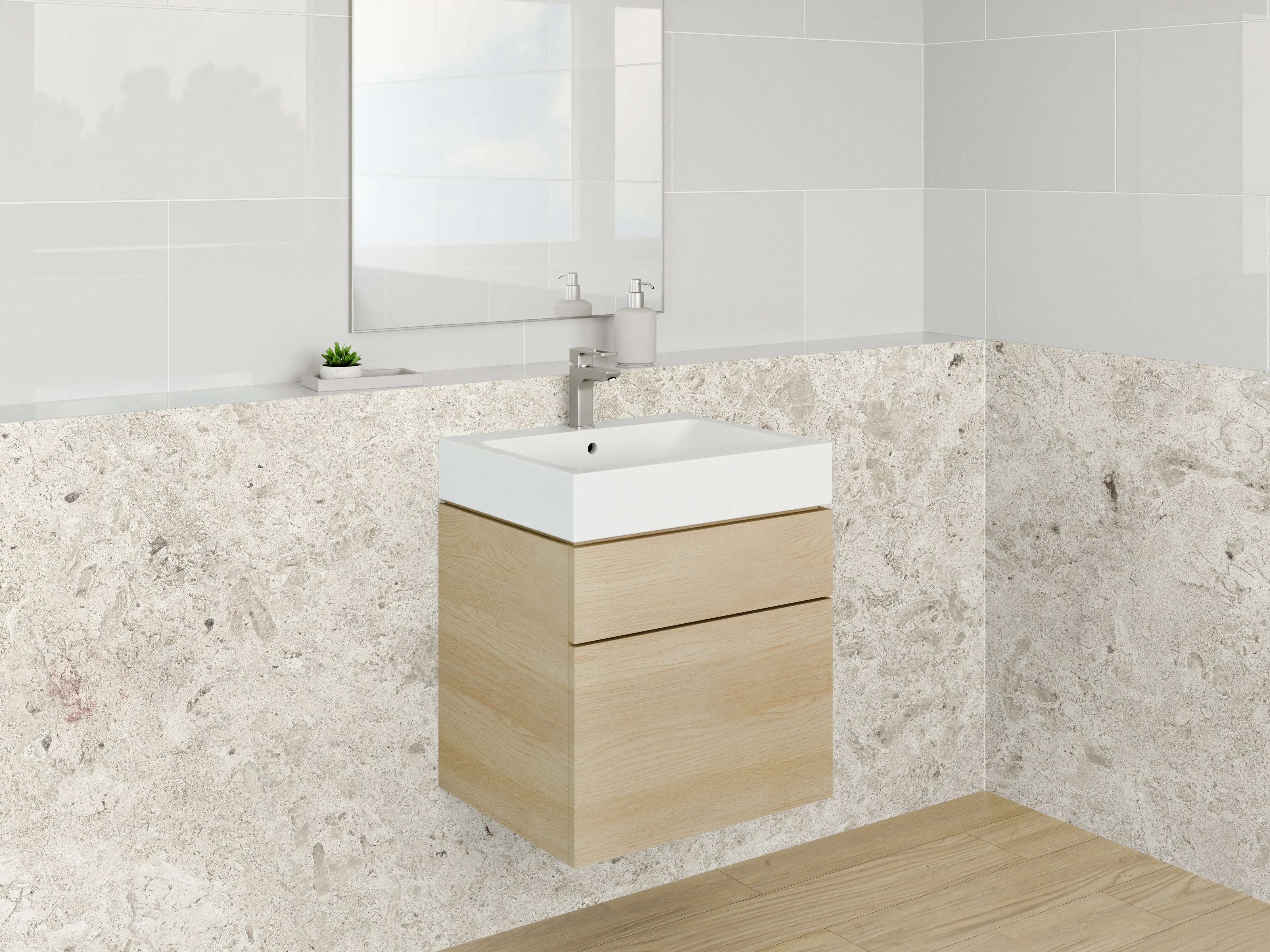 Waschbecken-Rückwand - Elegantes Weiß-Grau Kalkstein Design