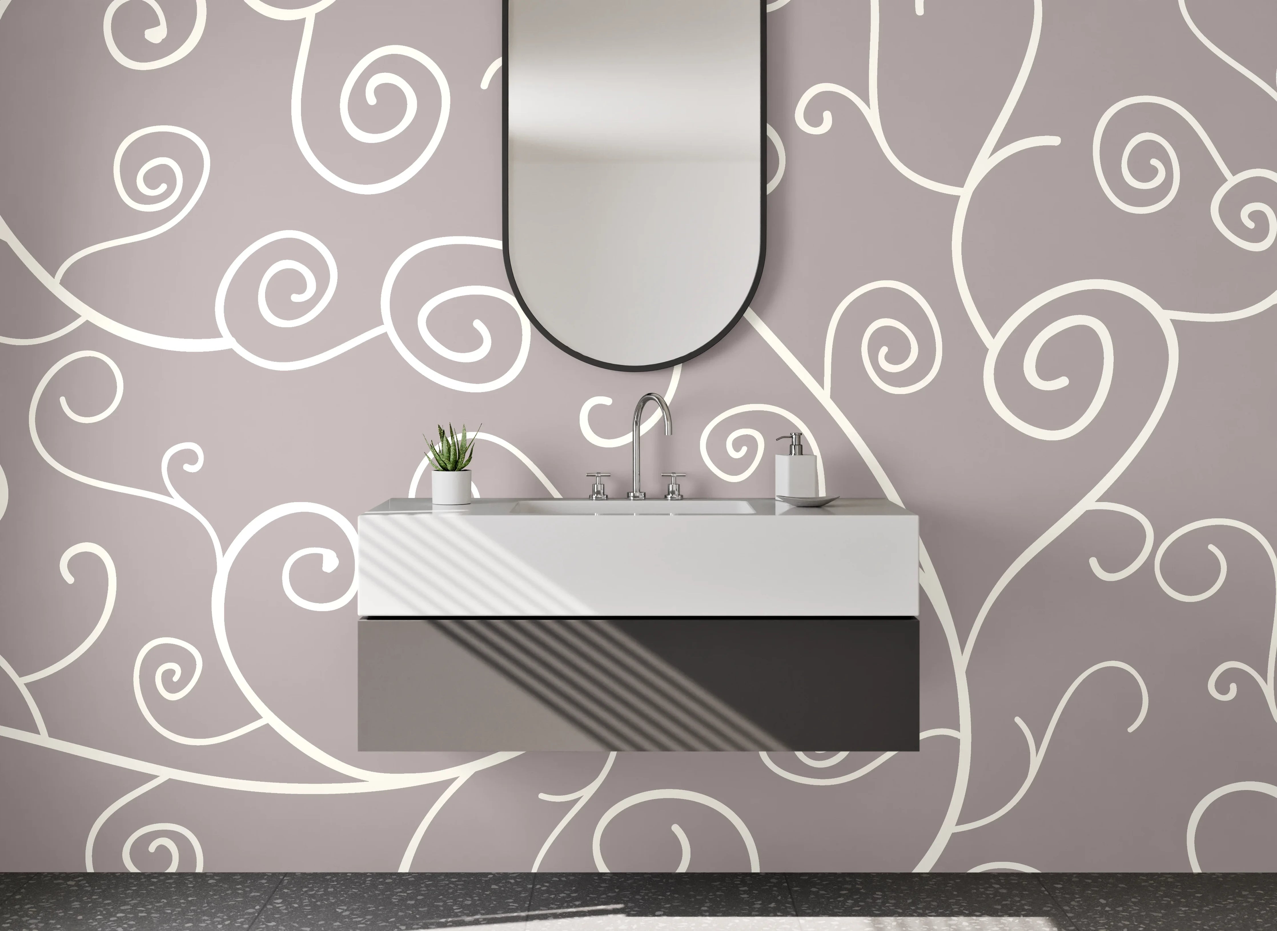 Waschbecken-Rückwand - Elegantes Weiß-Grau Rankenmuster Design