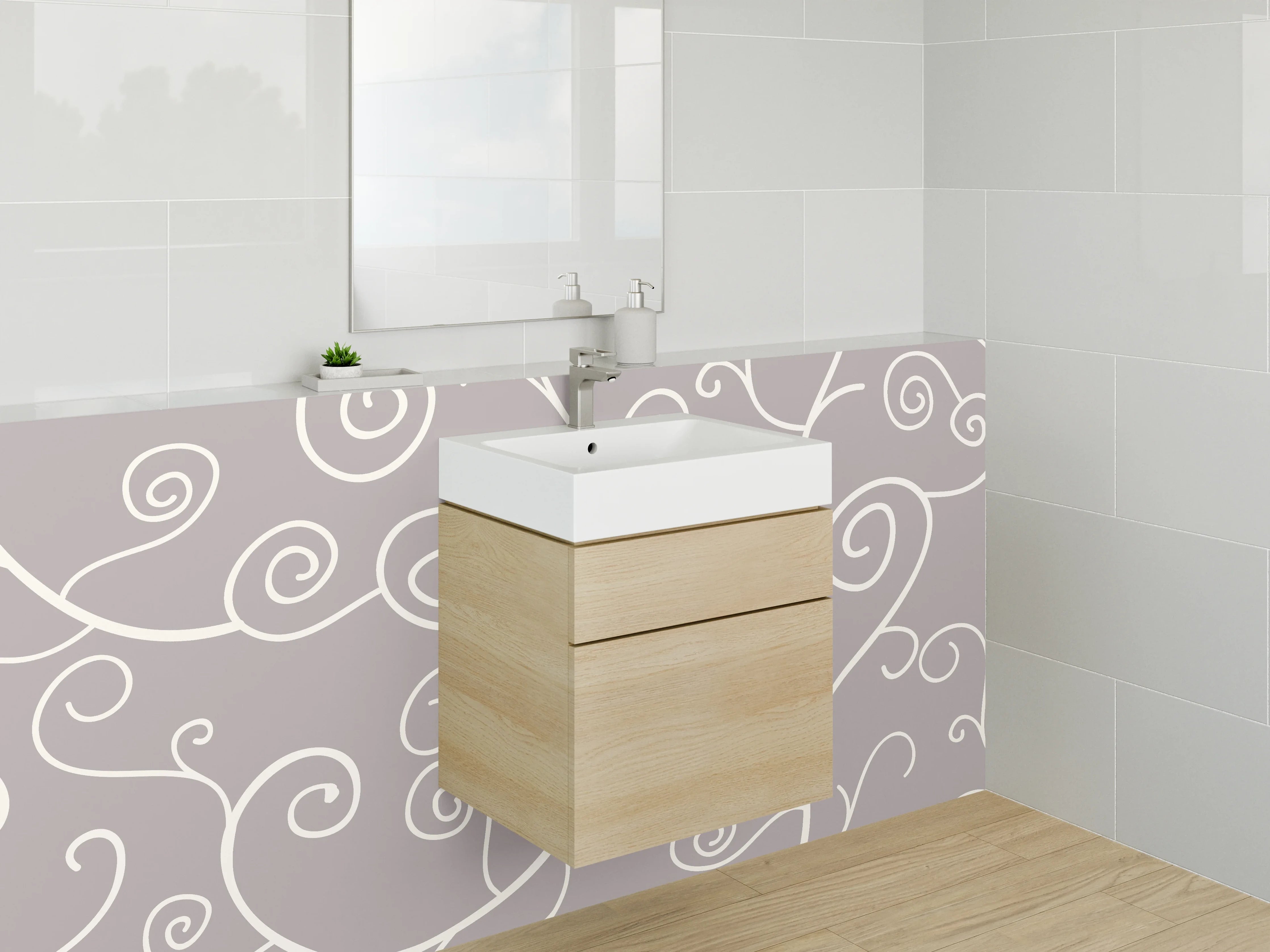 Waschbecken-Rückwand - Elegantes Weiß-Grau Rankenmuster Design