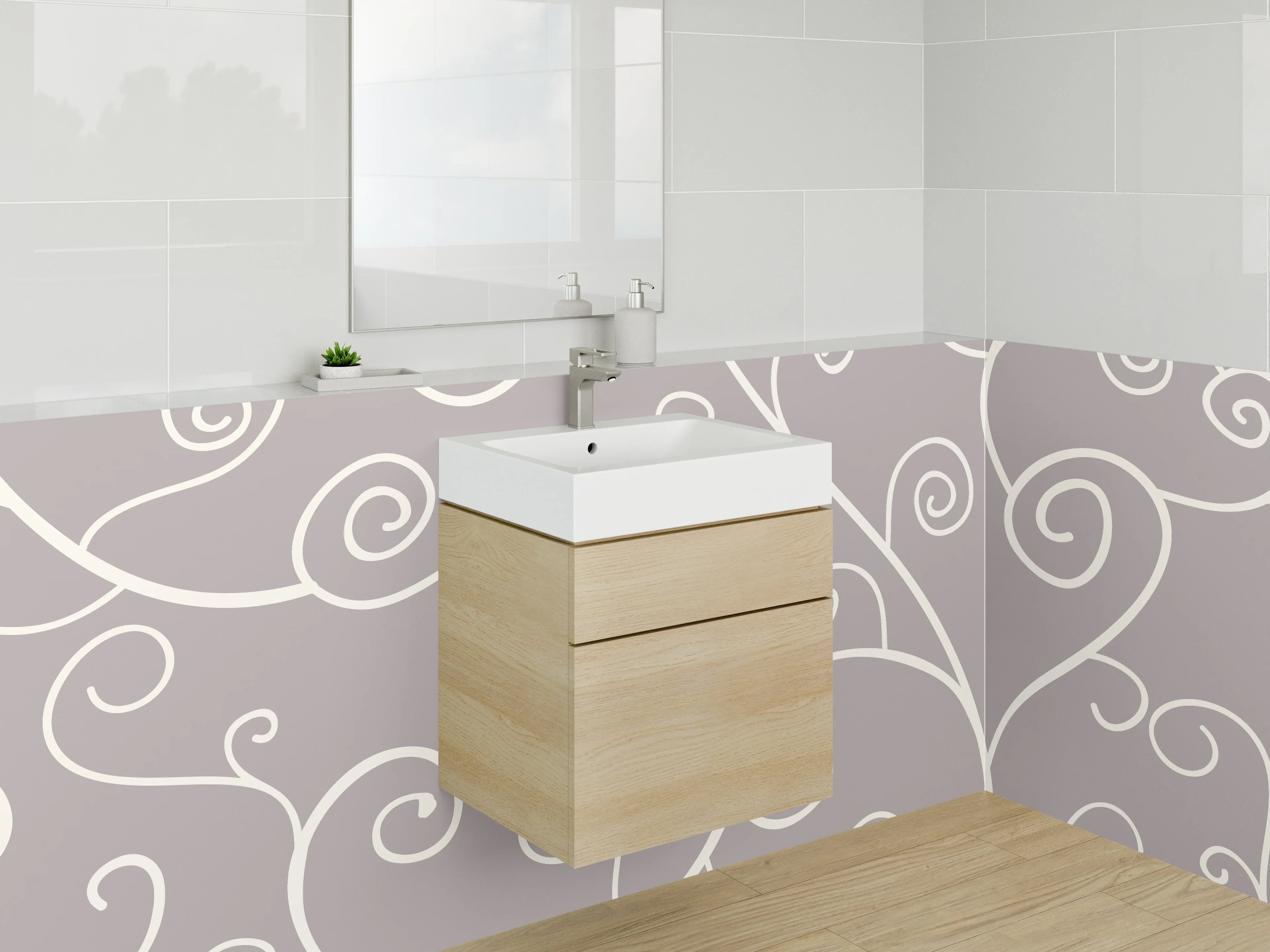 Waschbecken-Rückwand - Elegantes Weiß-Grau Rankenmuster Design
