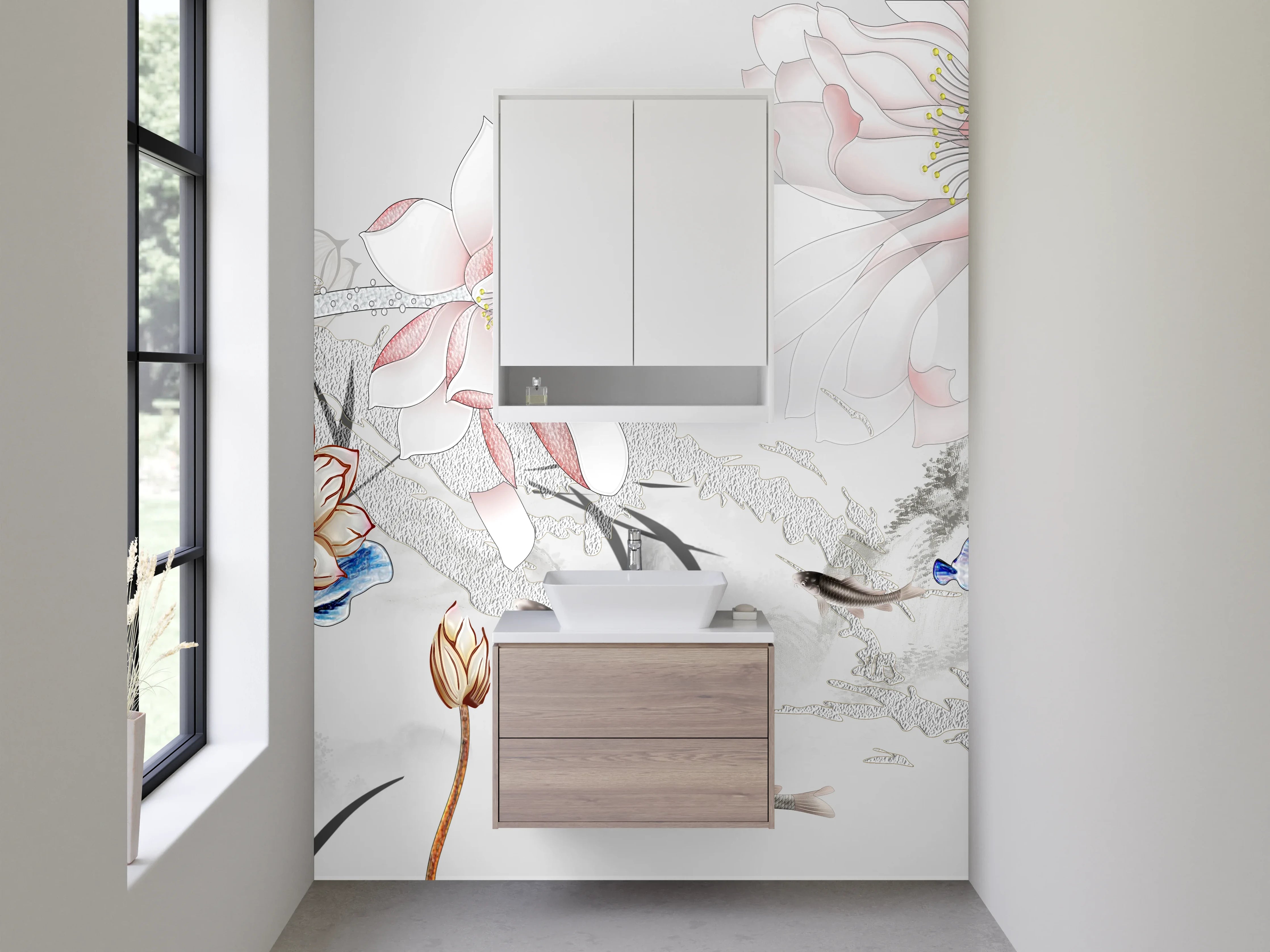 Waschbecken-Rückwand - Elegantes florales Aquarell mit Koi-Fischen