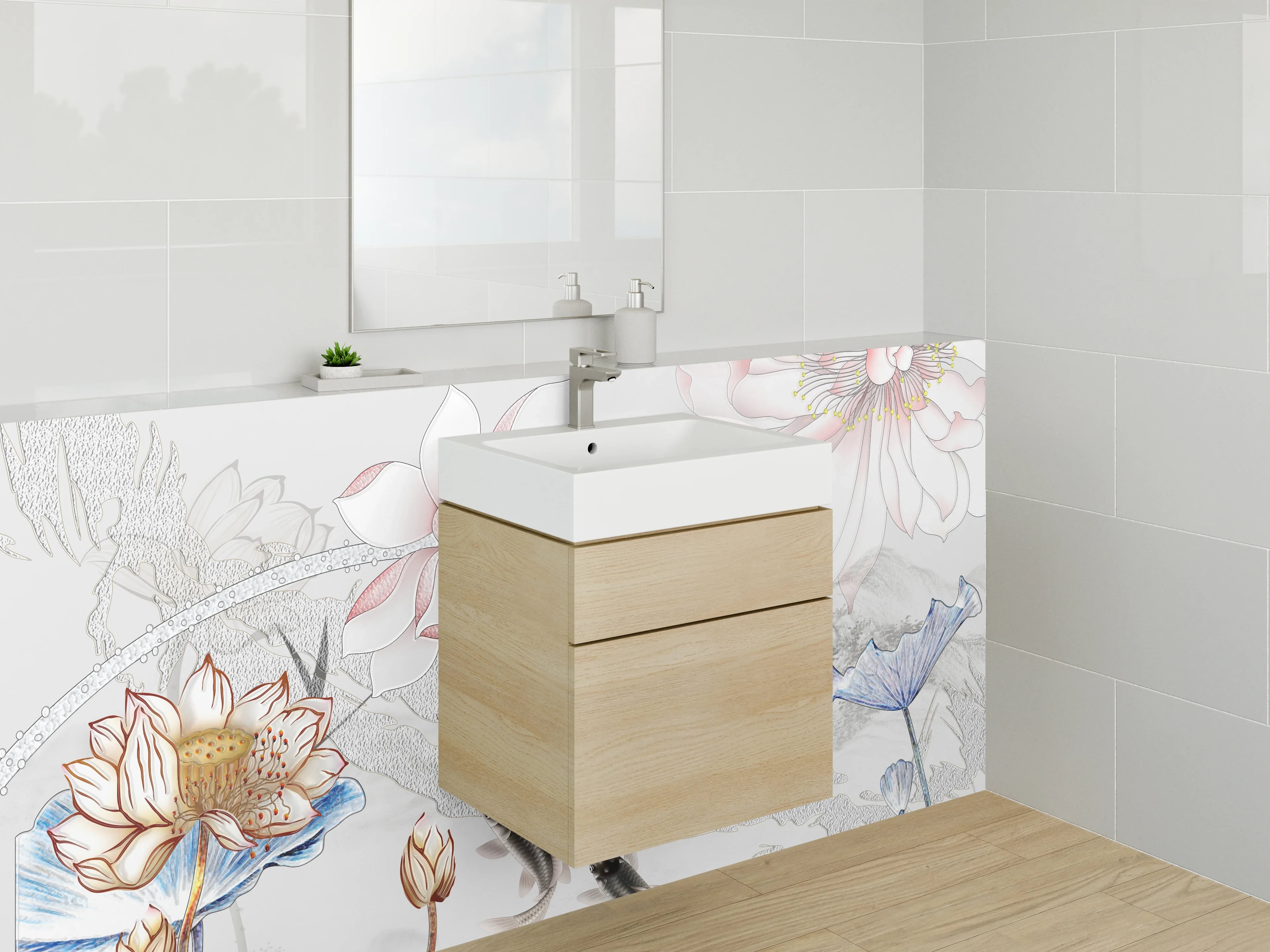 Waschbecken-Rückwand - Elegantes florales Aquarell mit Koi-Fischen