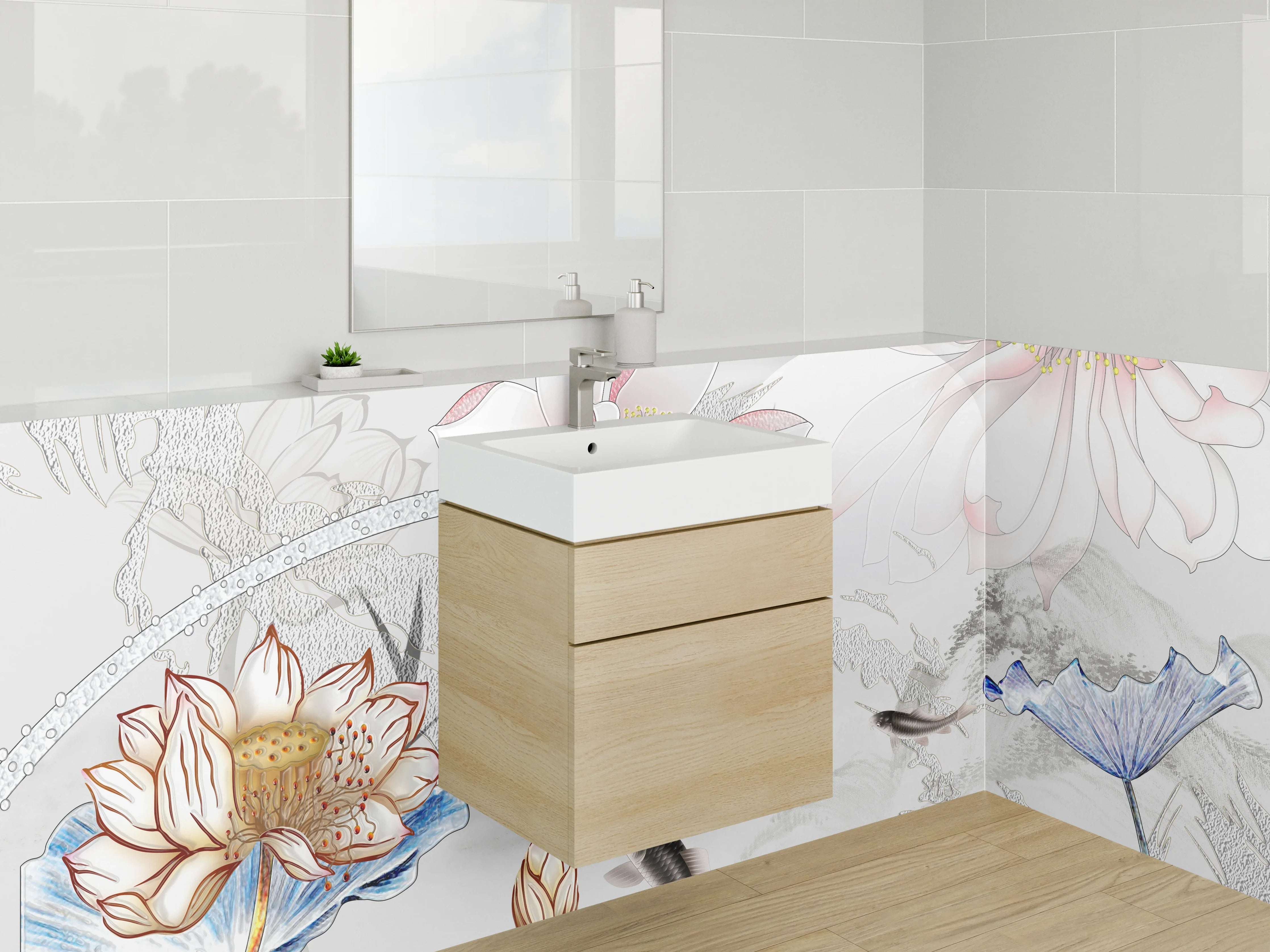 Waschbecken-Rückwand - Elegantes florales Aquarell mit Koi-Fischen