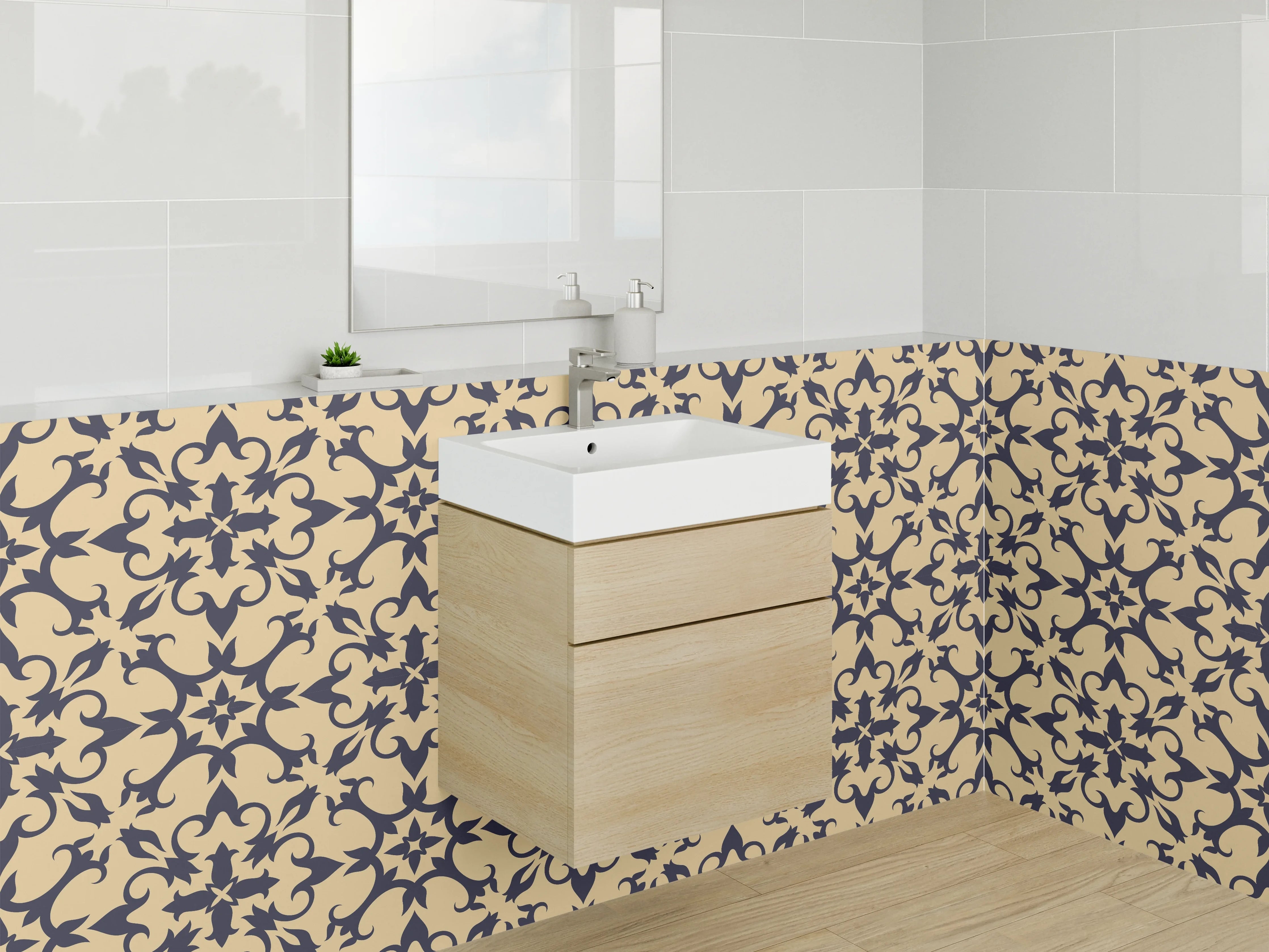 Waschbecken-Rückwand - Elegantes florales Muster auf Beige