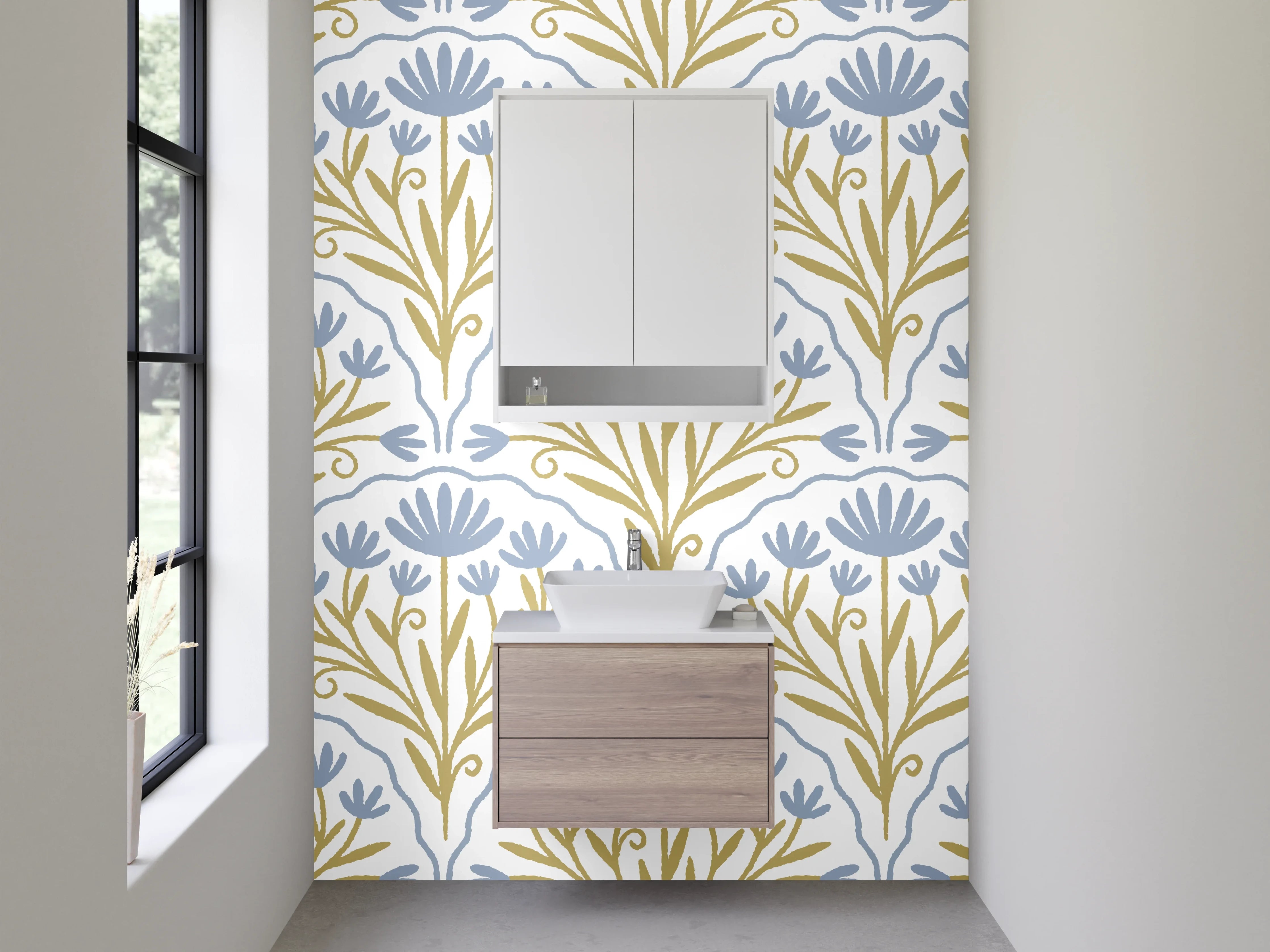 Waschbecken-Rückwand - Elegantes florales Muster blau-gold