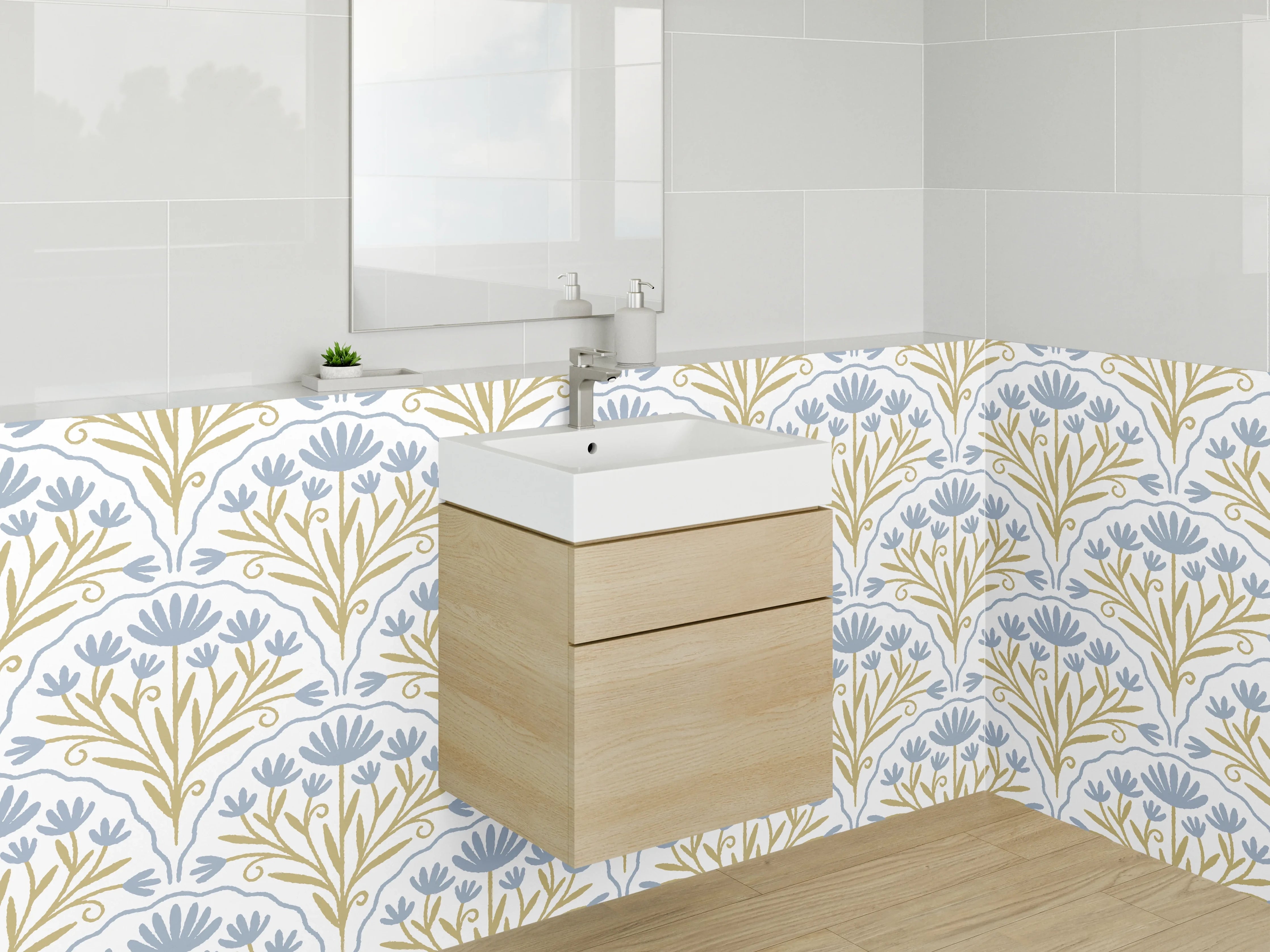 Waschbecken-Rückwand - Elegantes florales Muster blau-gold