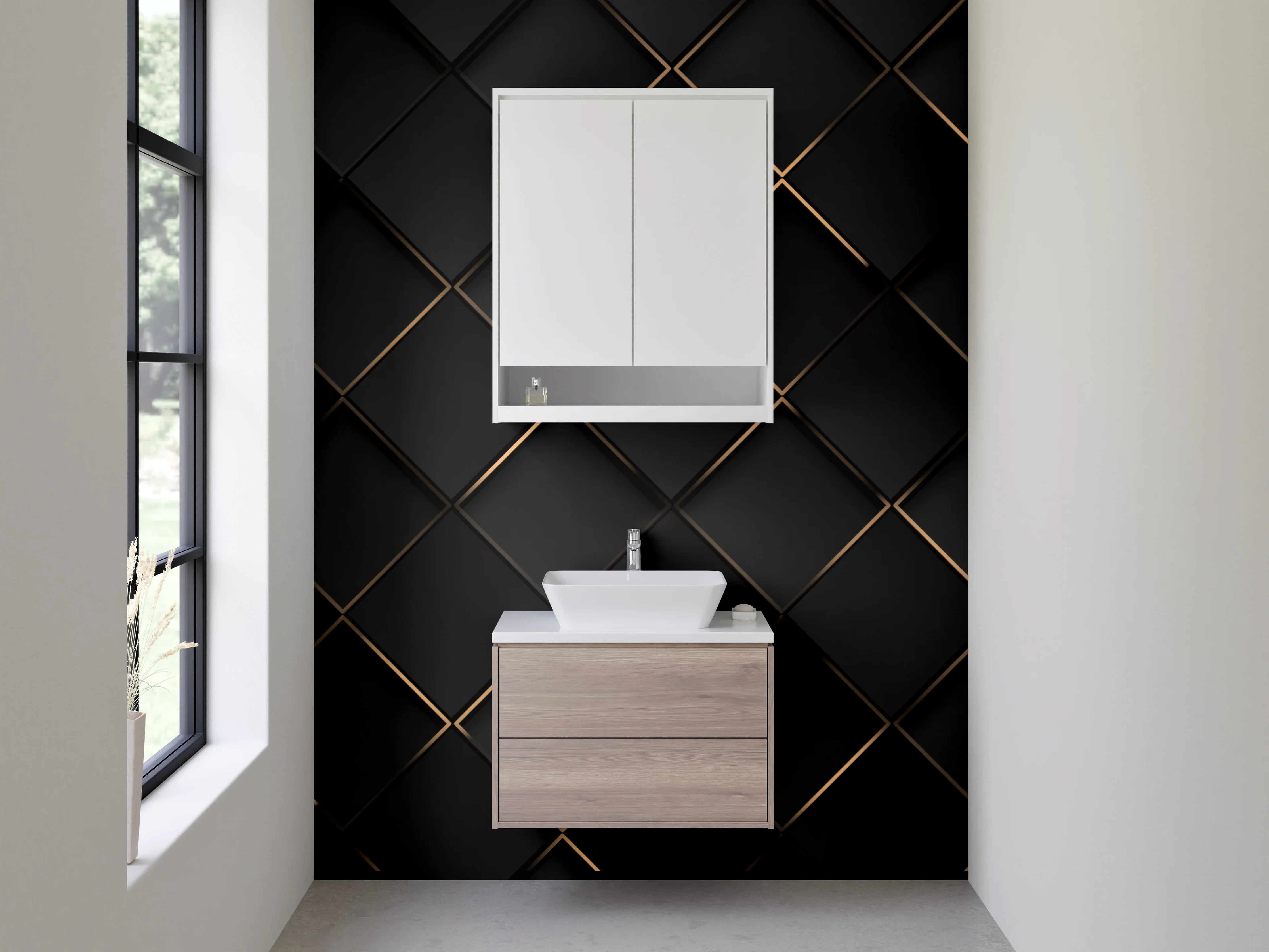 Waschbecken-Rückwand - Elegantes schwarzes Rautenmuster Metall