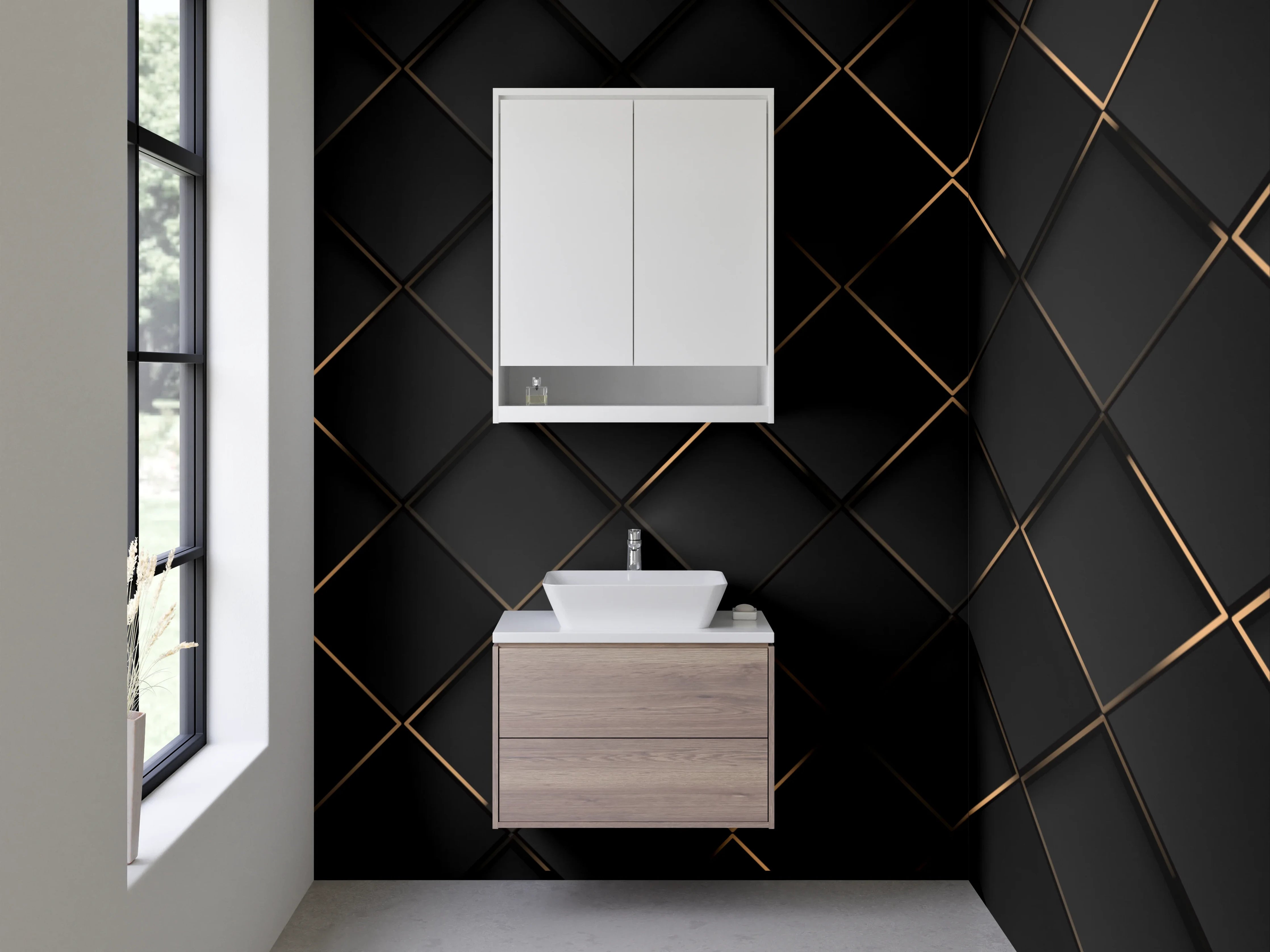 Waschbecken-Rückwand - Elegantes schwarzes Rautenmuster Metall