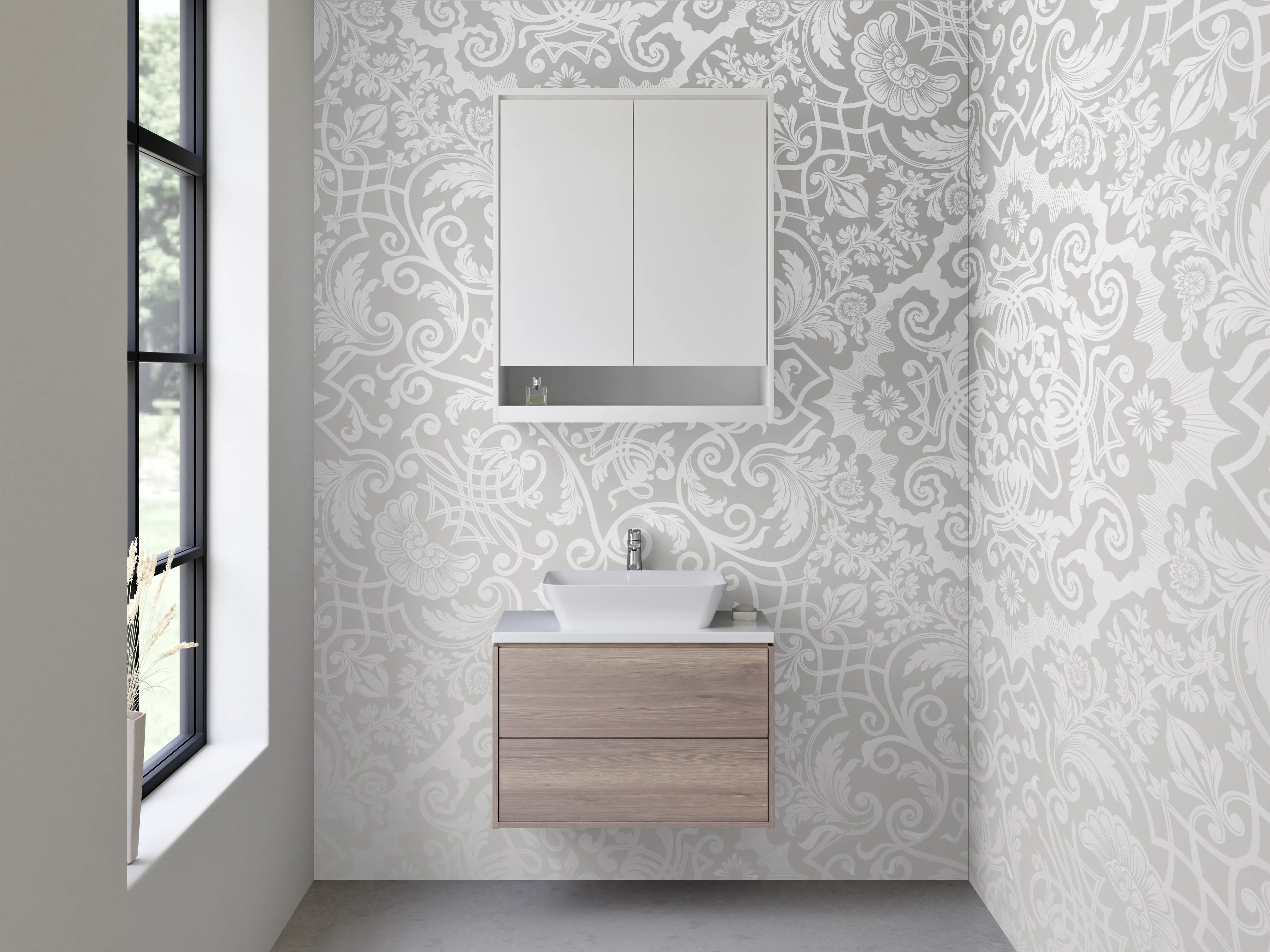 Waschbecken-Rückwand - Elegantes weiß-graues Ornamentmuster
