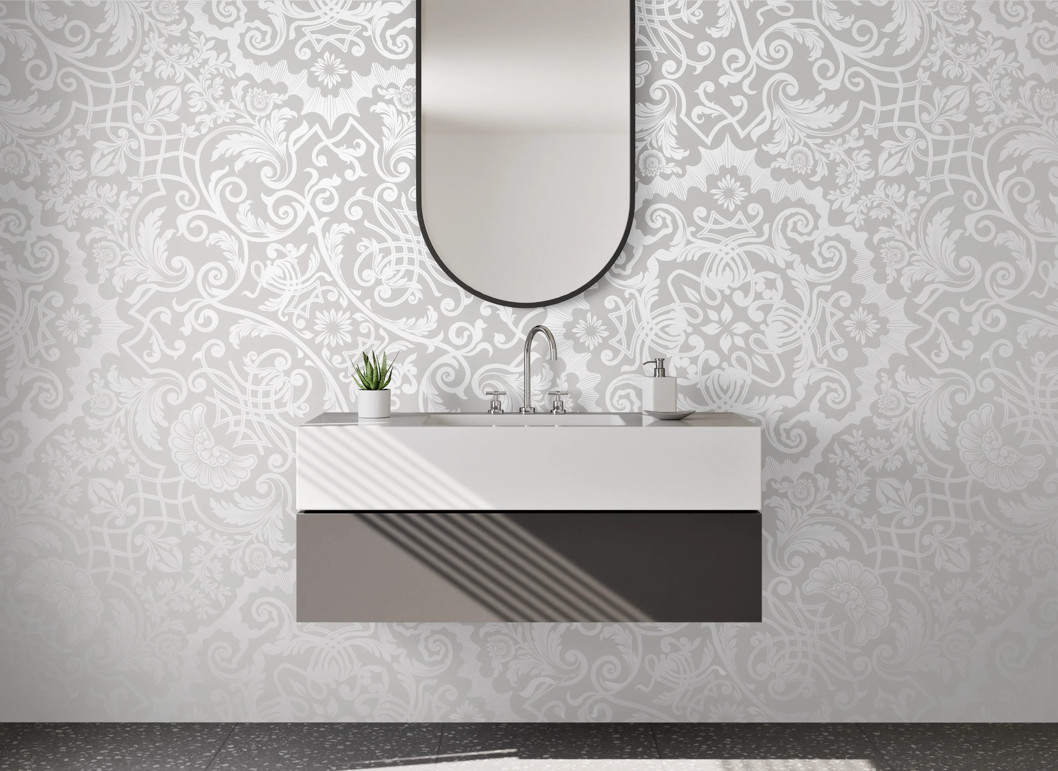 Waschbecken-Rückwand - Elegantes weiß-graues Ornamentmuster