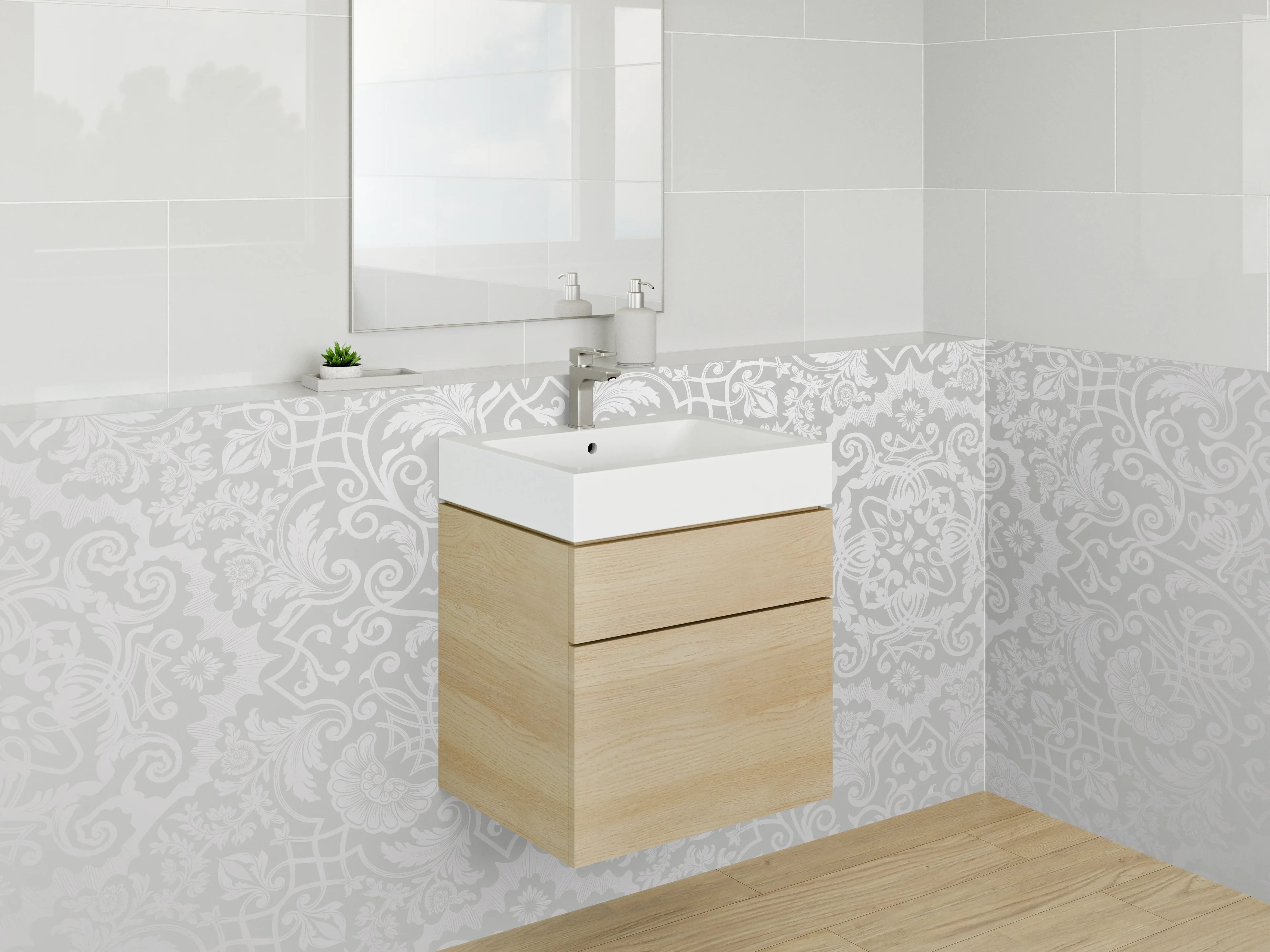Waschbecken-Rückwand - Elegantes weiß-graues Ornamentmuster