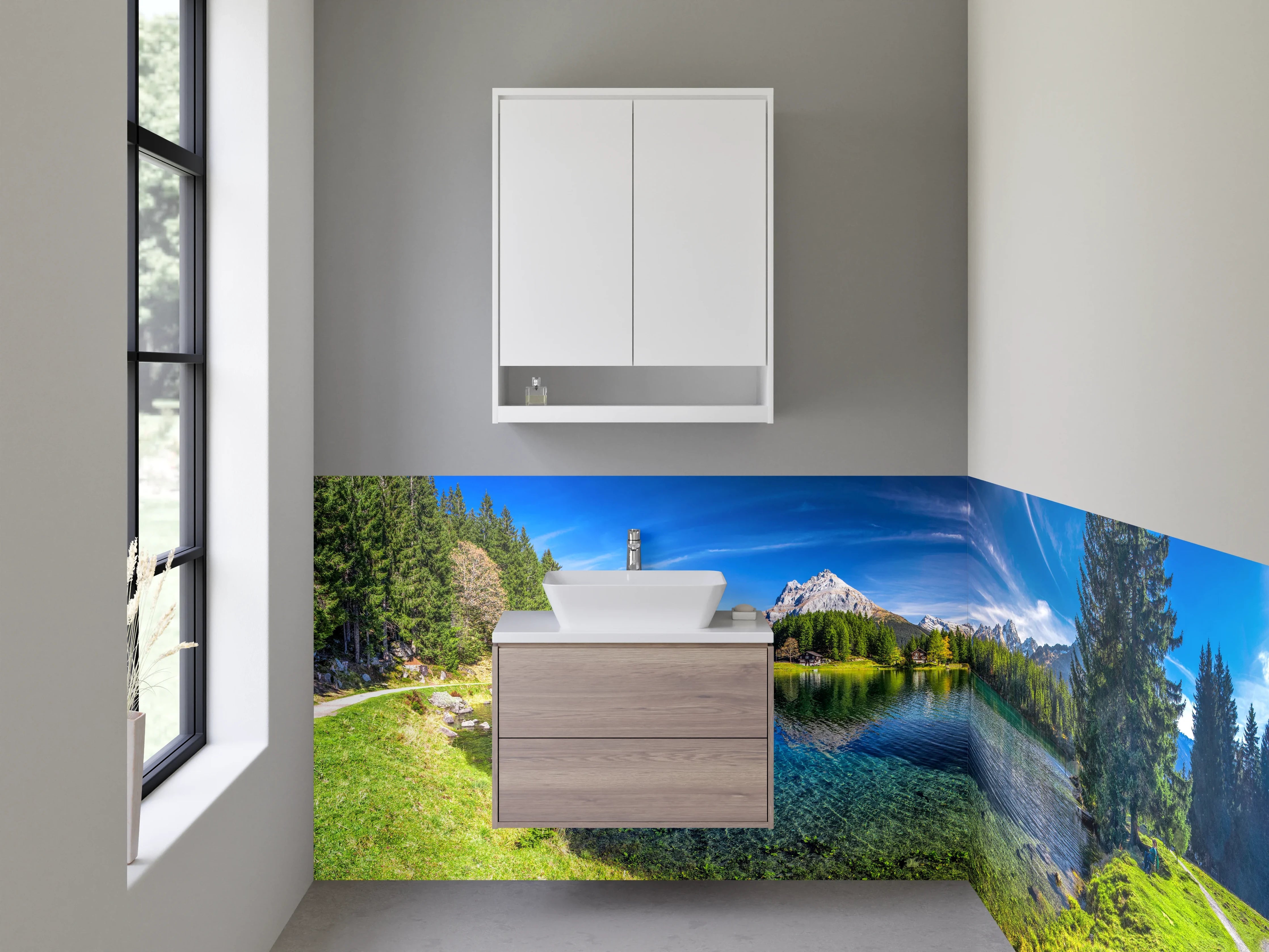 Waschbecken-Rückwand - Entspannende Bergkulisse Badgestaltung