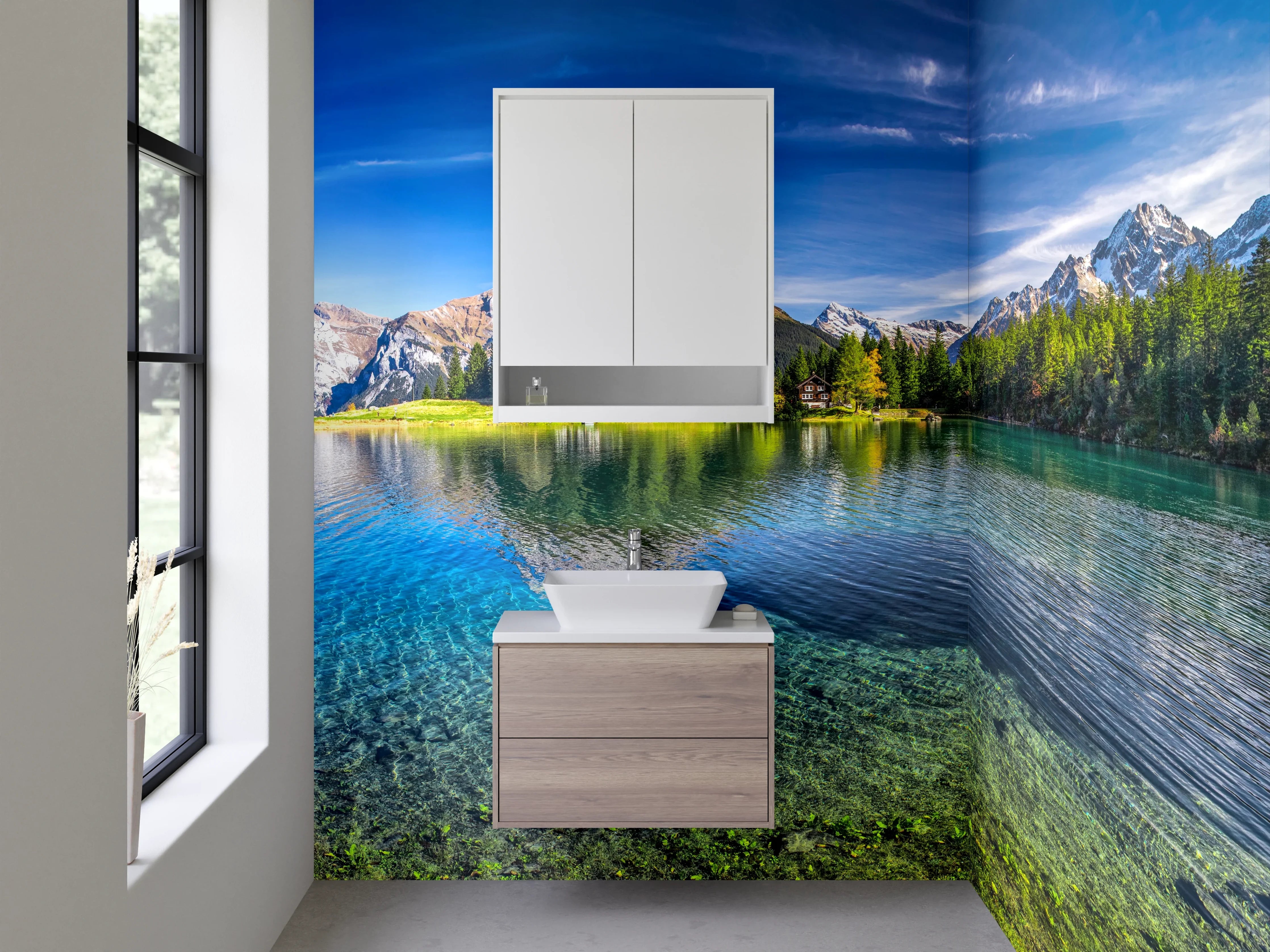 Waschbecken-Rückwand - Entspannende Bergkulisse Badgestaltung