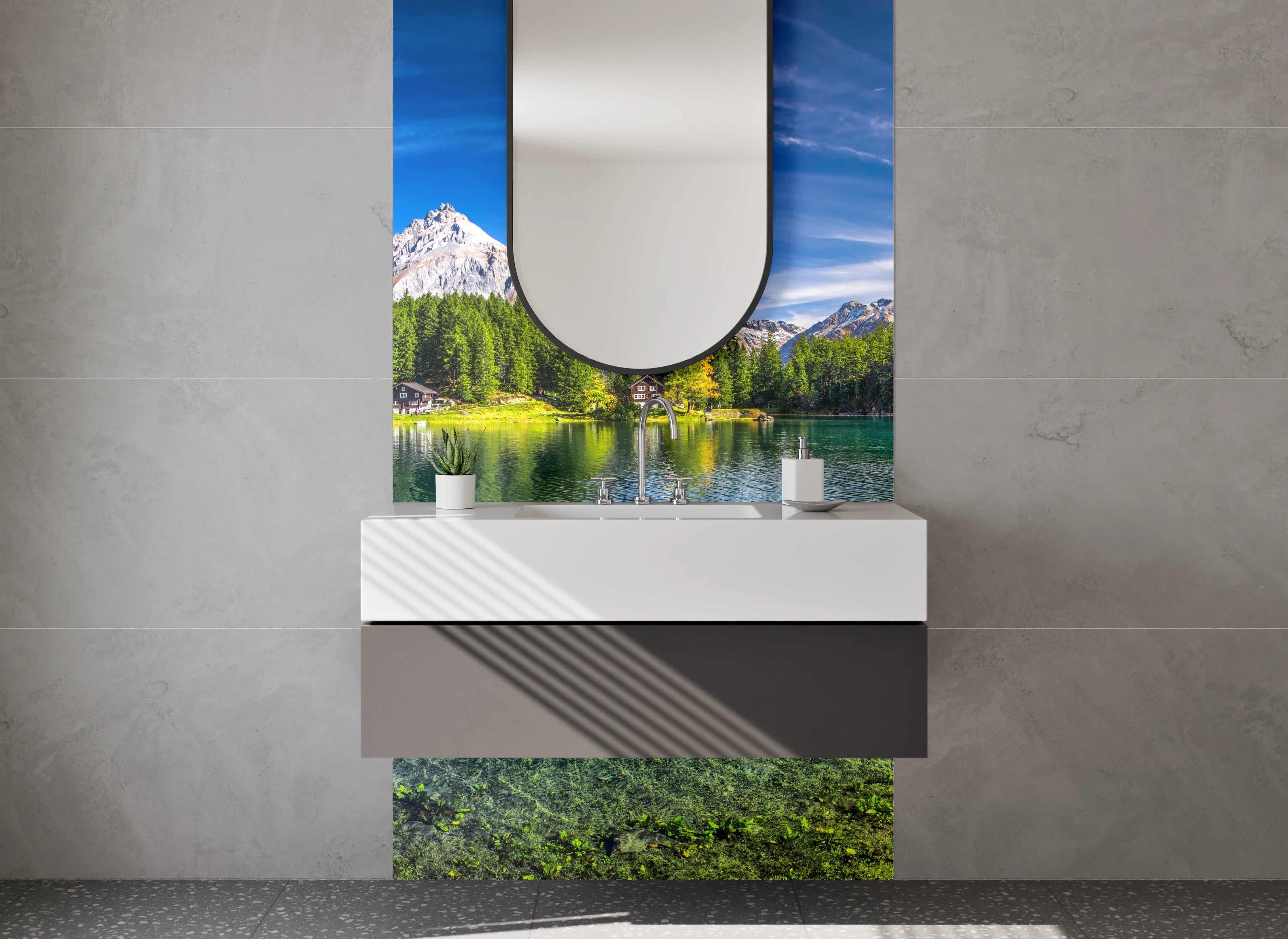 Waschbecken-Rückwand - Entspannende Bergkulisse Badgestaltung